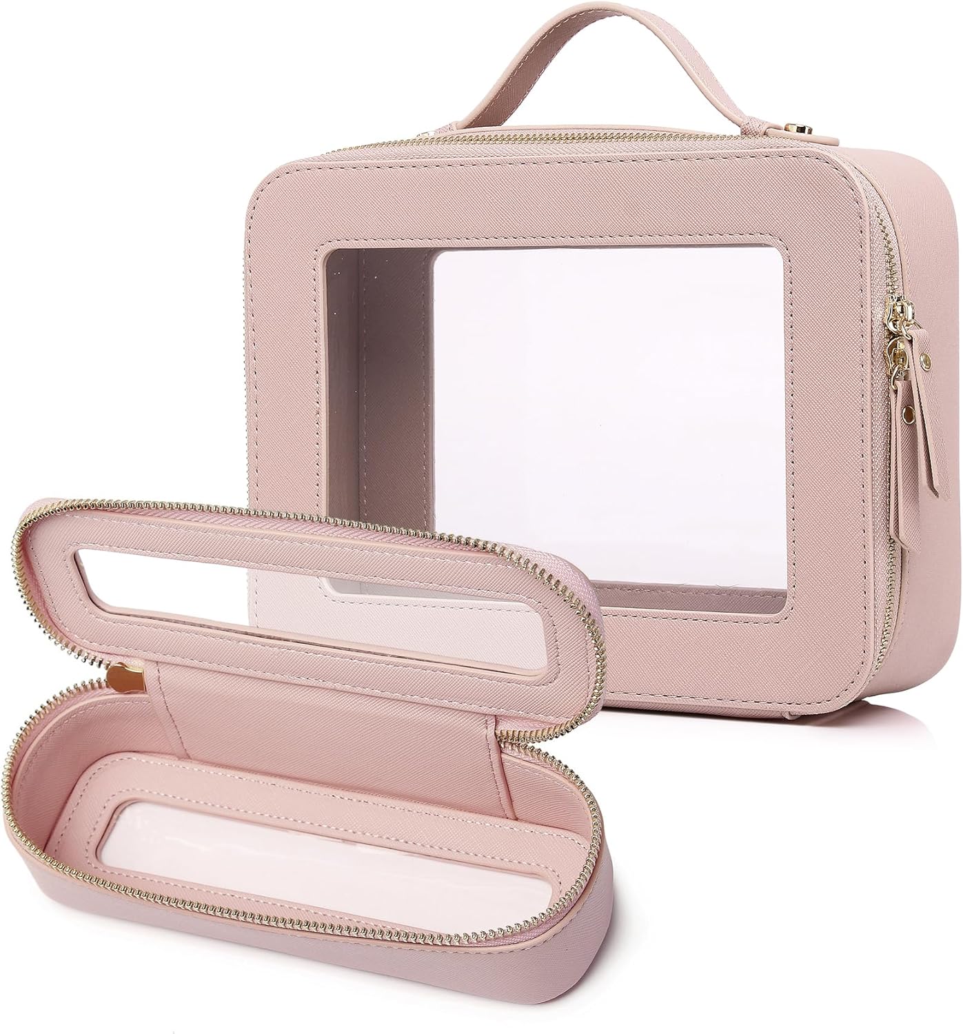 Travel Makeup Bag with Brush Case Portable Transparent Cosmetic Bag and Toiletry Bag Waterproof Makeup Organizer with Zipper Car Essential for Women (Pink, L+Slim)