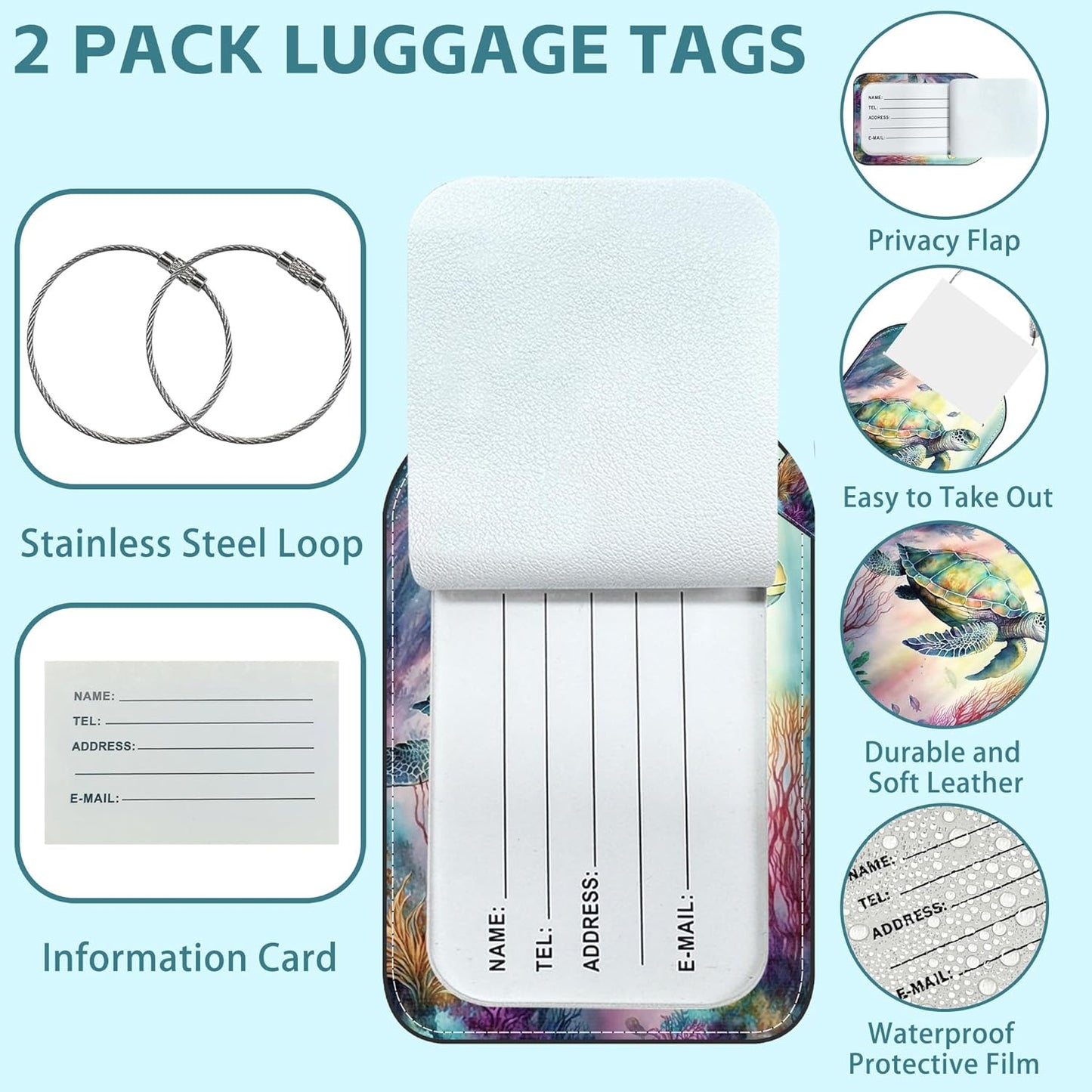 2 Pack Cute Luggage Tag for Suitcases Sea Turtle Leather Luggage Tags with Stainless Steel Loop Privacy Flap Name Tags,Men and Women Travel Bag Suitcase Tags