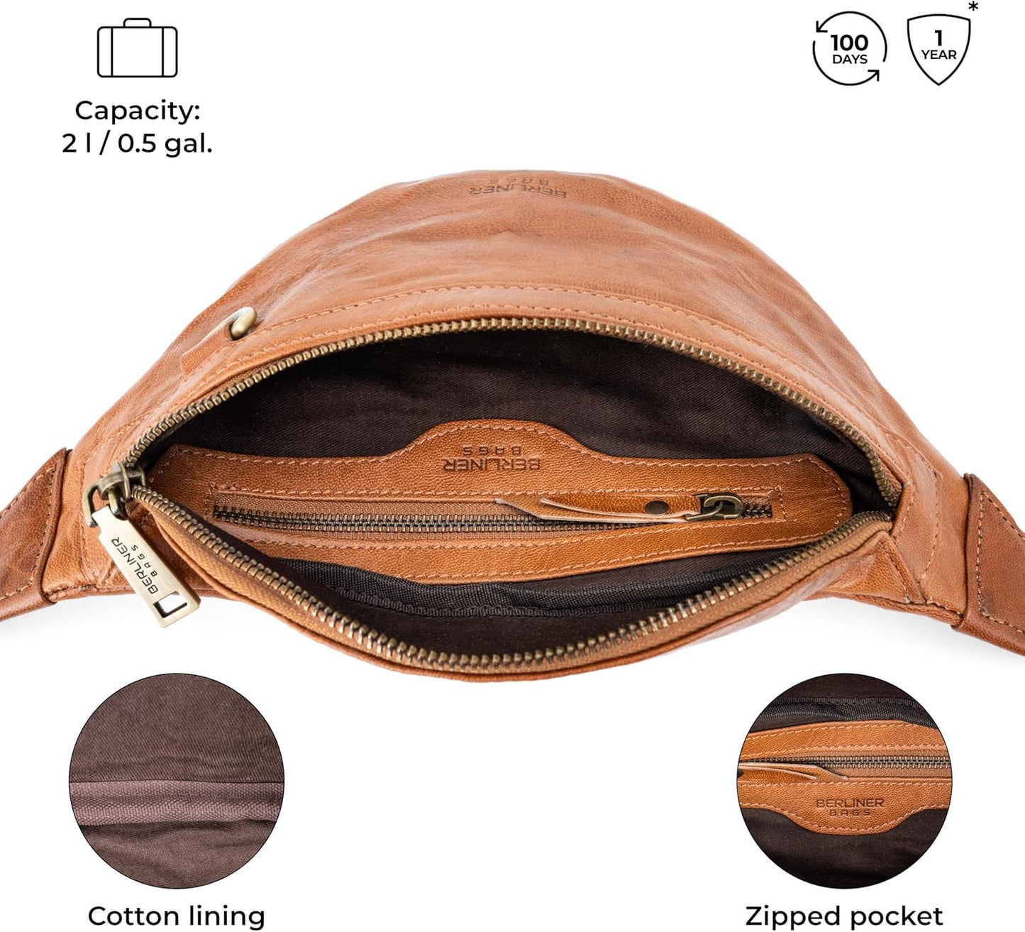 Berliner Bags Vintage Genuine Leather Fanny Pack Turin, Belt Bag, Crossbody Sling Bag for Men and Women - Brown