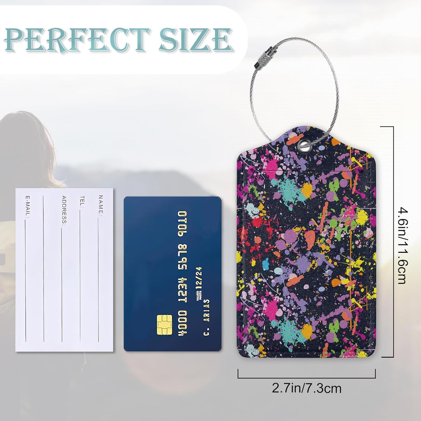Luggage Tags for Suitcase,2 Pack Colorful Abstract Splash Luggage Tag Leather Privacy Cover ID Label with Stainless Steel Loop for Women Men Kids Girls Travel