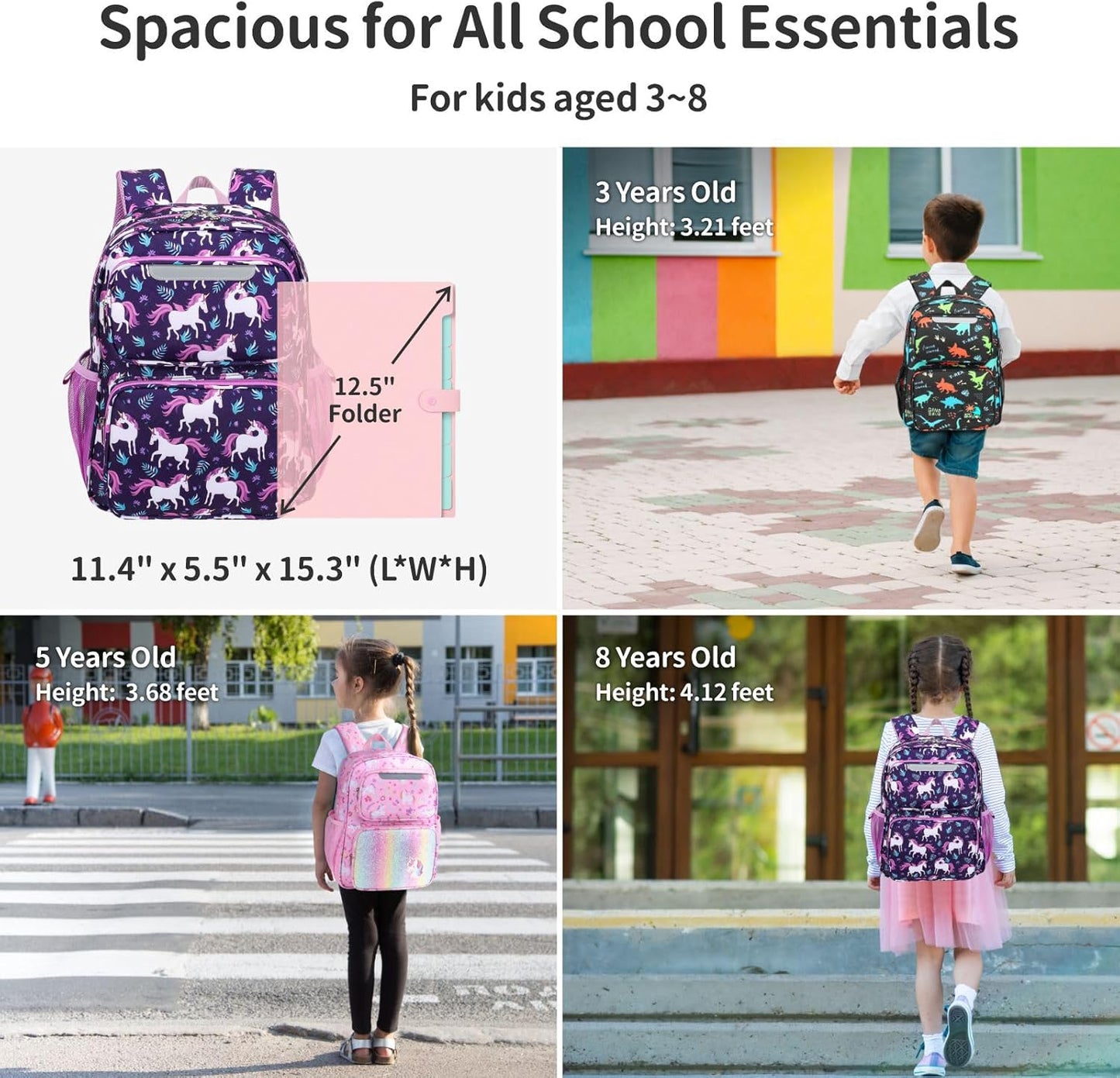 Kids Backpack for Girls - 15 Inch Backpack for Kids 3 to 8, Lightweight Bookbag for Preschool Kindergarten Elementary School, Insulated Pocket, Safe Reflective Stripe, Deep Purple Unicorn