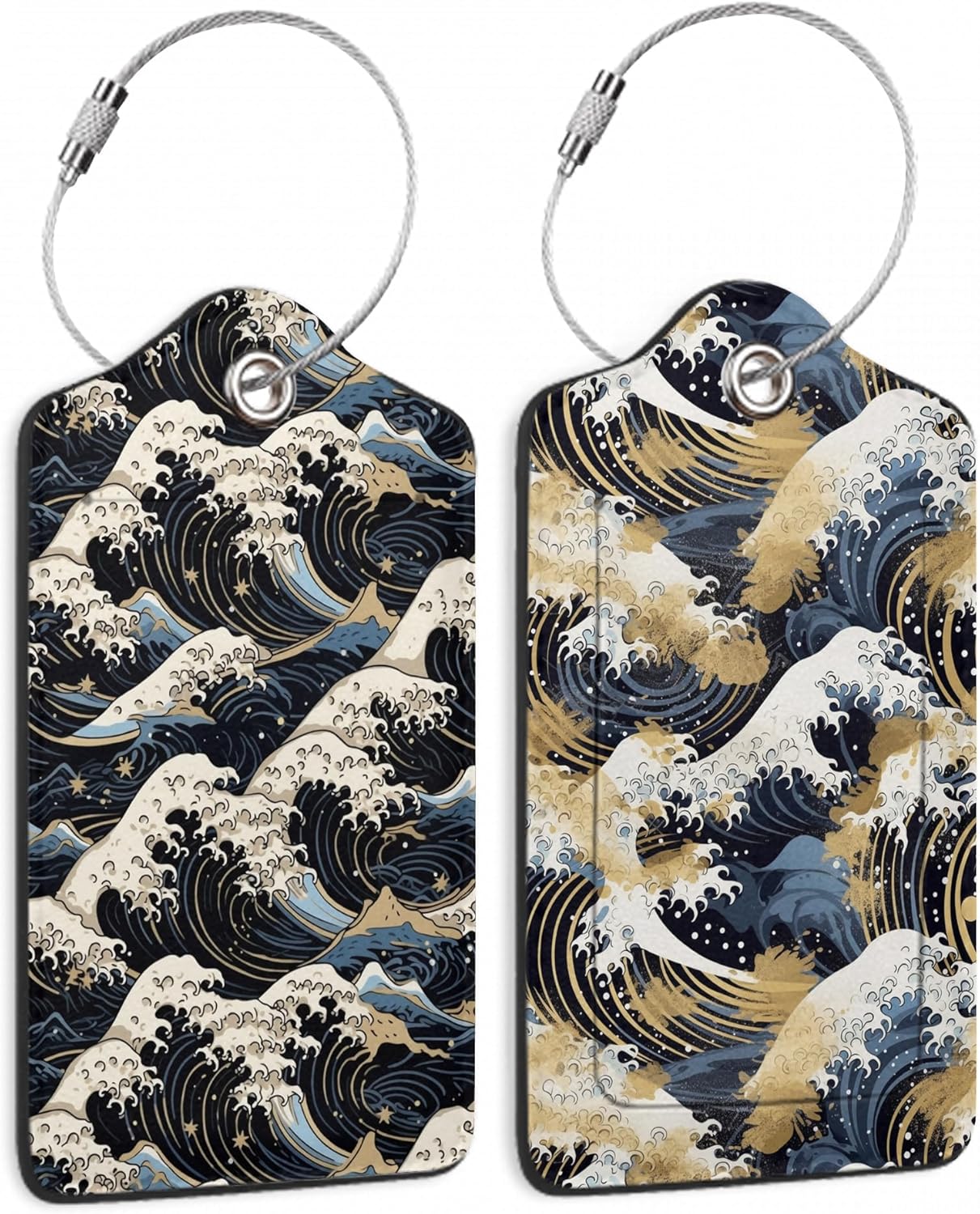 Set of 2 Japanese Art Blue and White Waves Luggage Tags for Suitcases, Japanese Waves Blue and White Gold Leaf Leather Suitcase Tag Name Identifiers Labels for Travel Bag Baggage Backpack