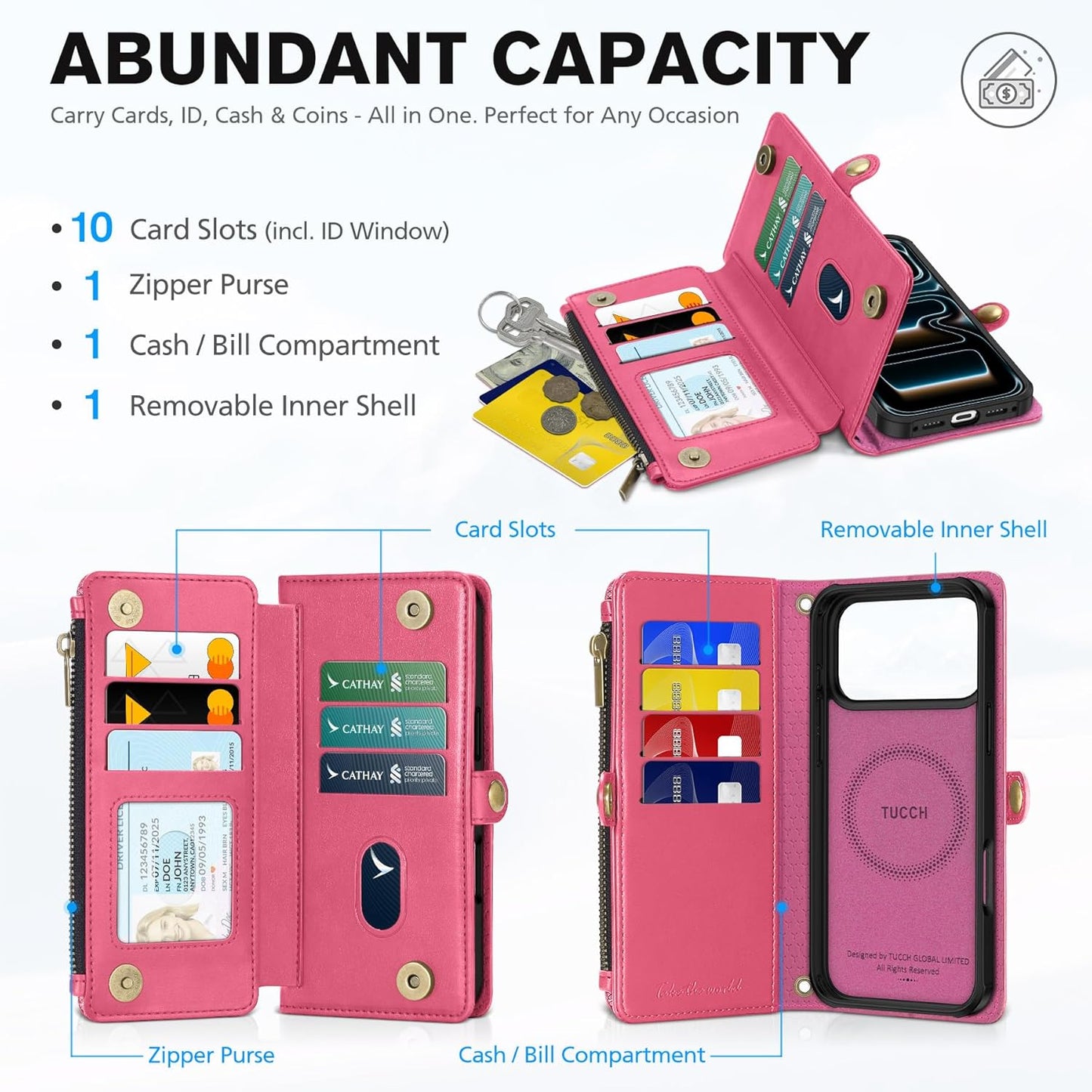 TUCCH Detachable Crossbody Case Wallet for iPhone 17 Pro Max 6.9", Wireless Charging | RFID Blocking 10 Card Holder | Lanyard Wrist Strap | Stand | Zipper Pocket | PU Leather Magnetic Cover | Hot Pink