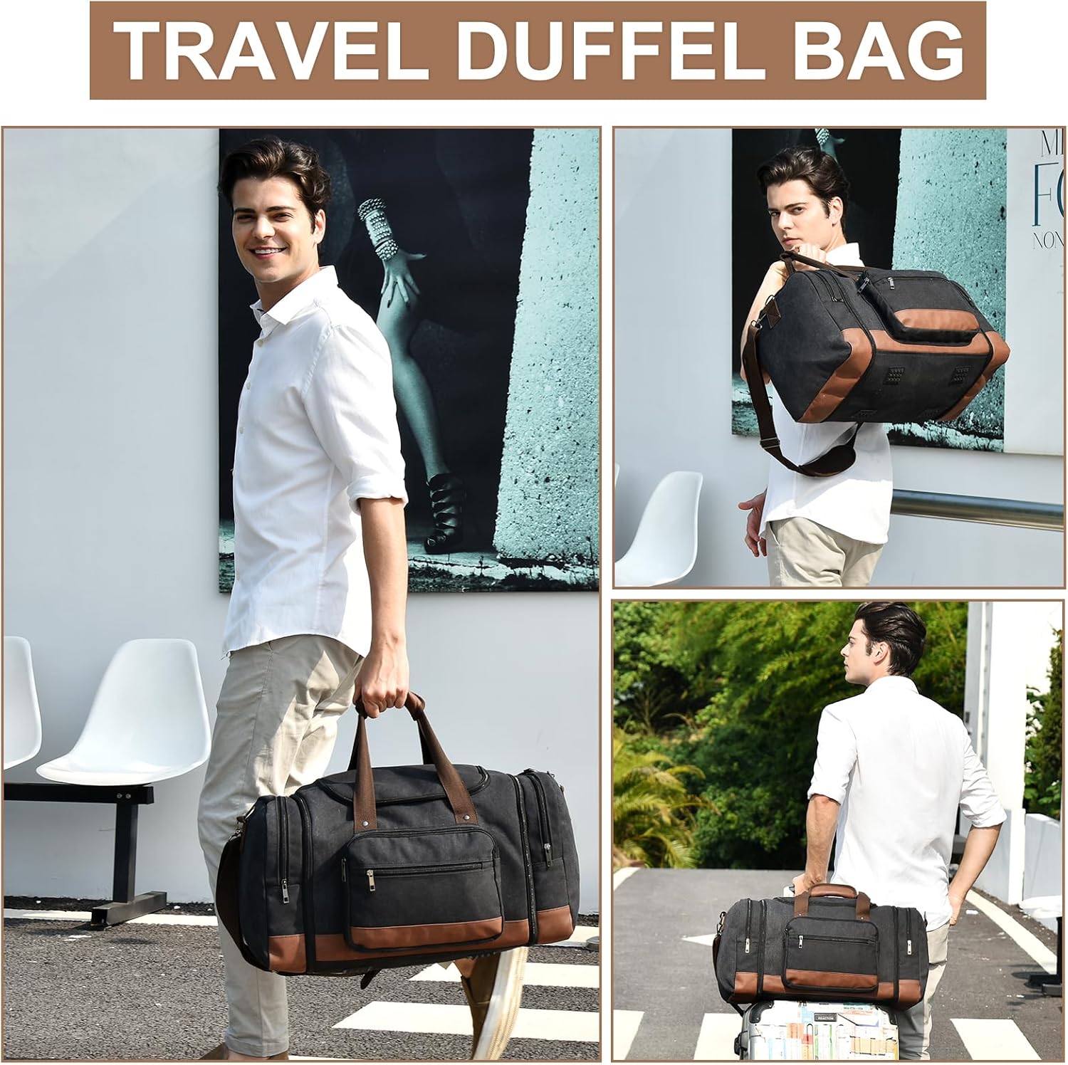 Litvyak Duffle Bag for Travel, 50L Canvas Travel Duffel Bags Overnight Weekend Gym Carry On Luggage