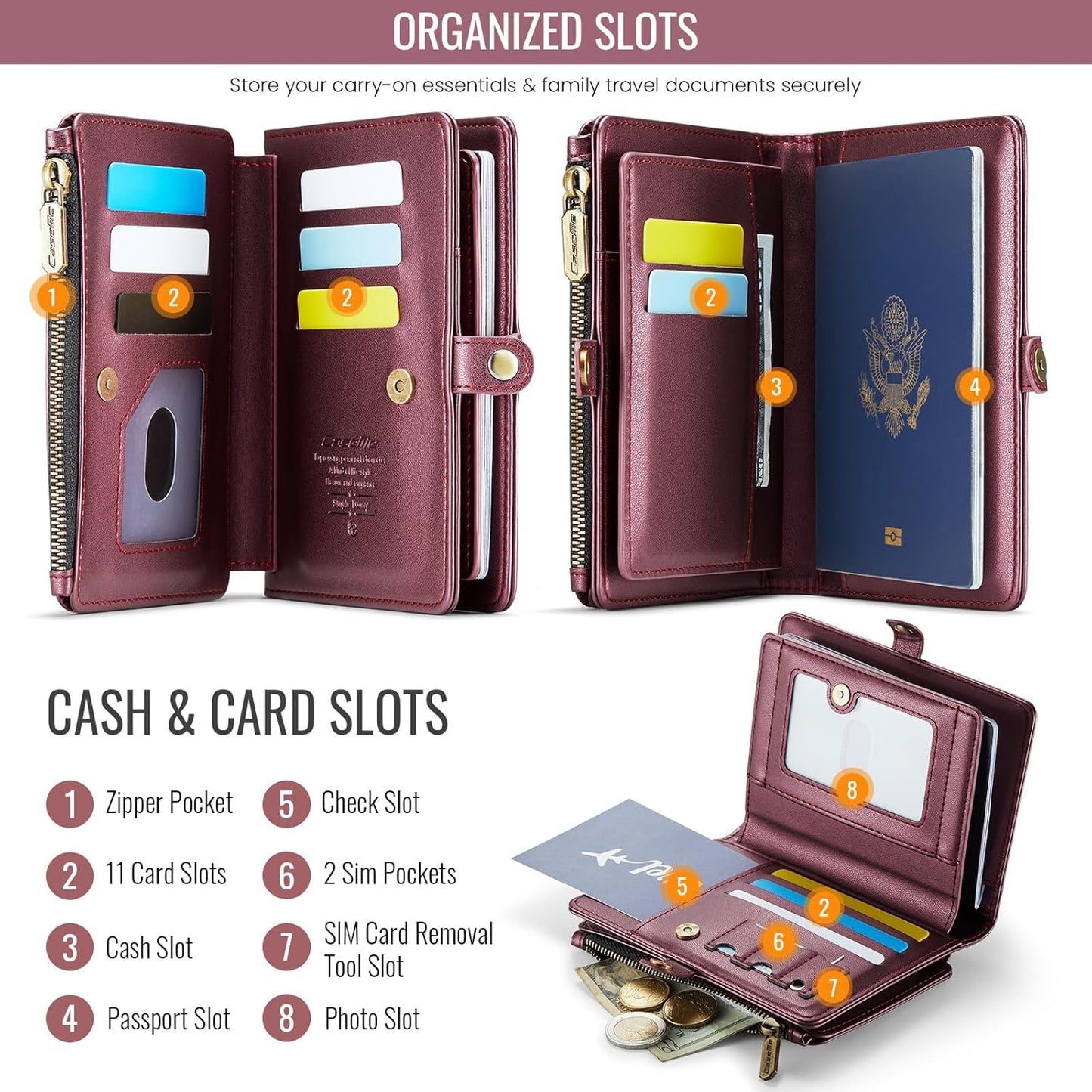 Passport Holder Wallet, 12 Card Slots RFID Blocking Travel Organizer, Zippered Coin Pocket & Detachable Wrist Strap Secure AMagnetic Closure Passport Case for Men & Women (Red)