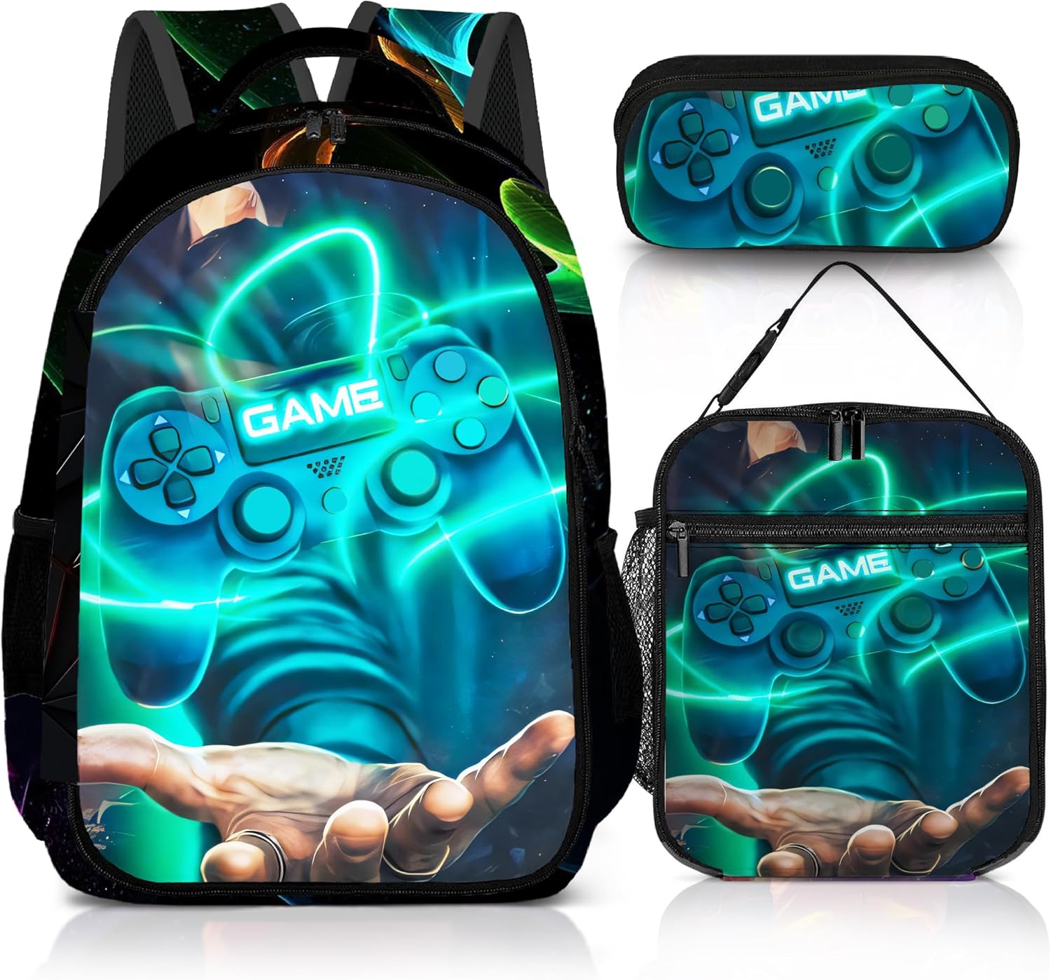 Game Backpack Set for Boys, Gaming Backpack 3 Pack, Boys Lunch Box, and Pencil Bag for Kids, 17"