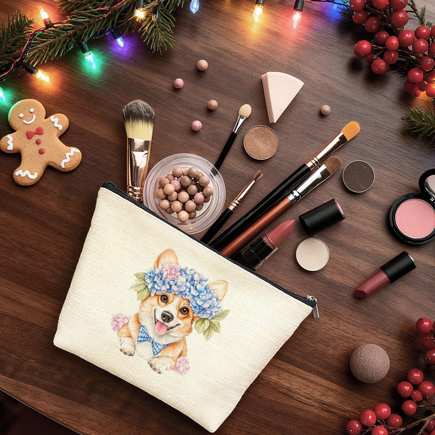 Blue Hydrangea Corgi Makeup Bag Gifts for Women, Corgi Lovers Gifts Cosmetic Bag, Cottagecore Chinoiserie Floral Corgy Dog Zipper Makeup Pouch Travel Toiletry Bags