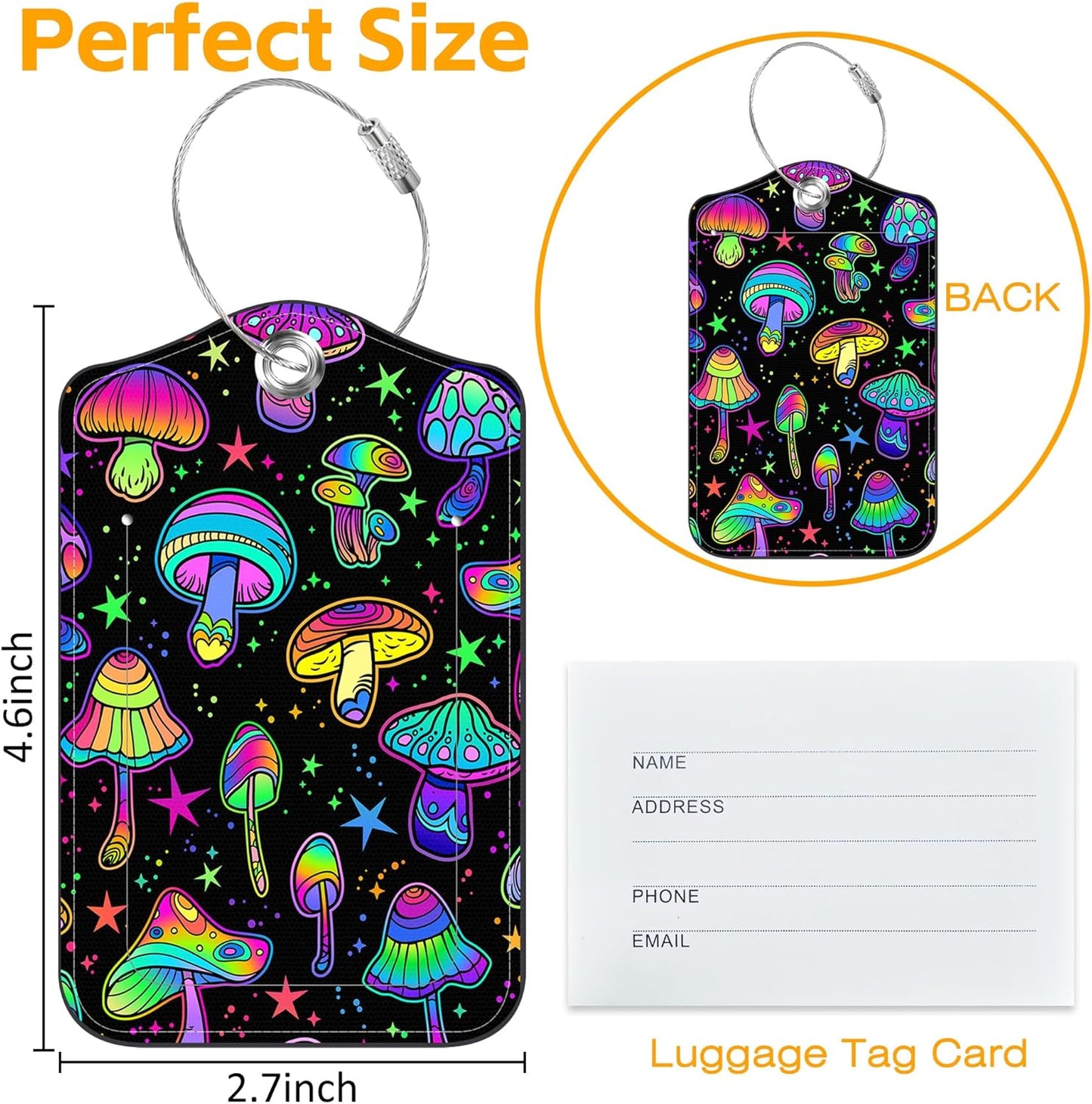 3 Pack Luggage Tag for Suitcase Colorful Mushrooms Leather Travel Cruise Luggage Tag with Stainless Steel Loop Name ID Label Privacy Cover for Adults Teens Travel Bag Labels Set