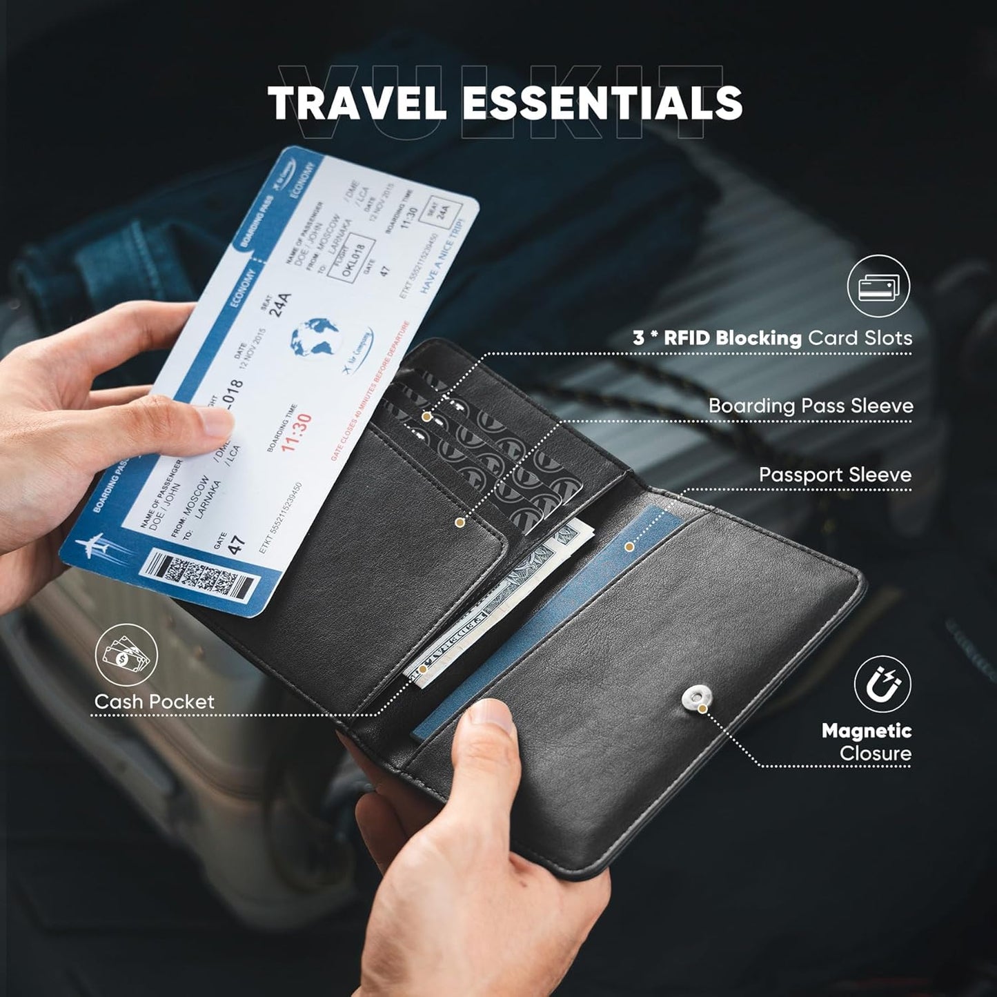 VULKIT Passport Holder Magnetic Closure RFID Blocking Travel Wallet Passport Book Cover Boarding Pass Holder Travel Essentials