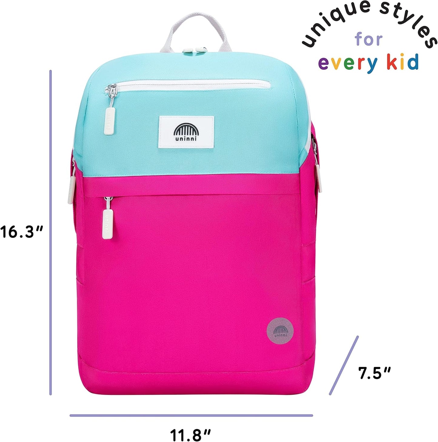 uninni 16" Kid's Backpack for Girls and Boys Age 6+ with Padded, and Adjustable Shoulder Straps. Fits for Height 3'9" Above Kids (Color Block Fuchsia/Green)