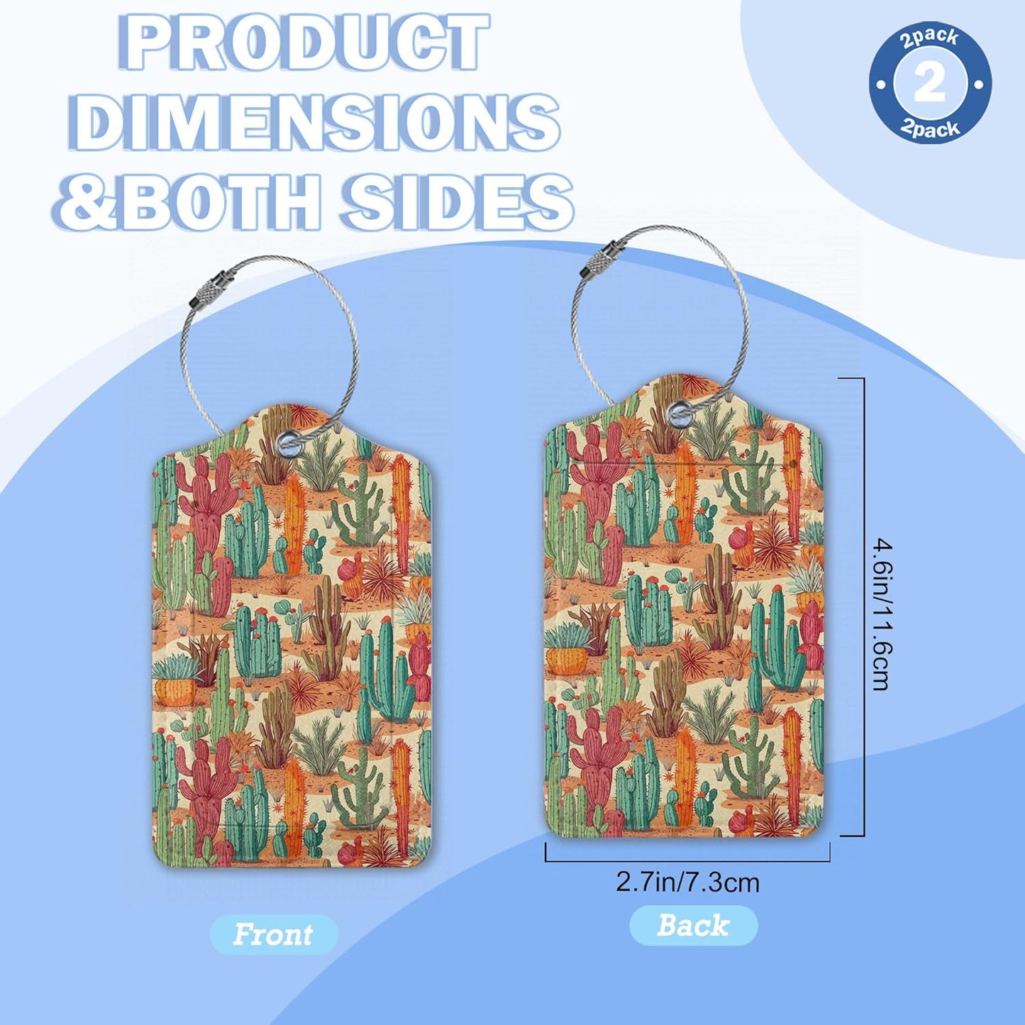 Cactus 2 Pack PU Leahter Luggage Tag,Desert Cactus Flower Leather Suitcase Tags with Privacy Cover Name Address Labels and Metal Ring,Quickly Spot for Bags