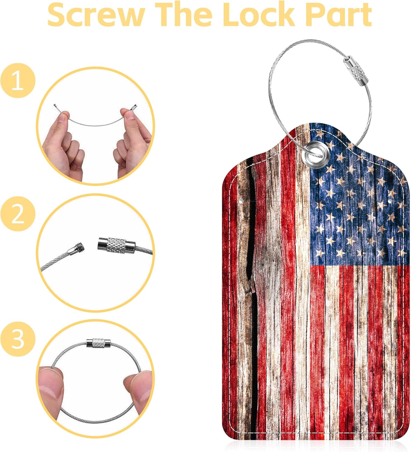 2 Pack Luggage Tags for Suitcase USA Flag on The Old Cracked Wood Leather Stainless Steel Loop Label Tags for Women Men Travel Bag Suitcase with Privacy Cover Name ID Card