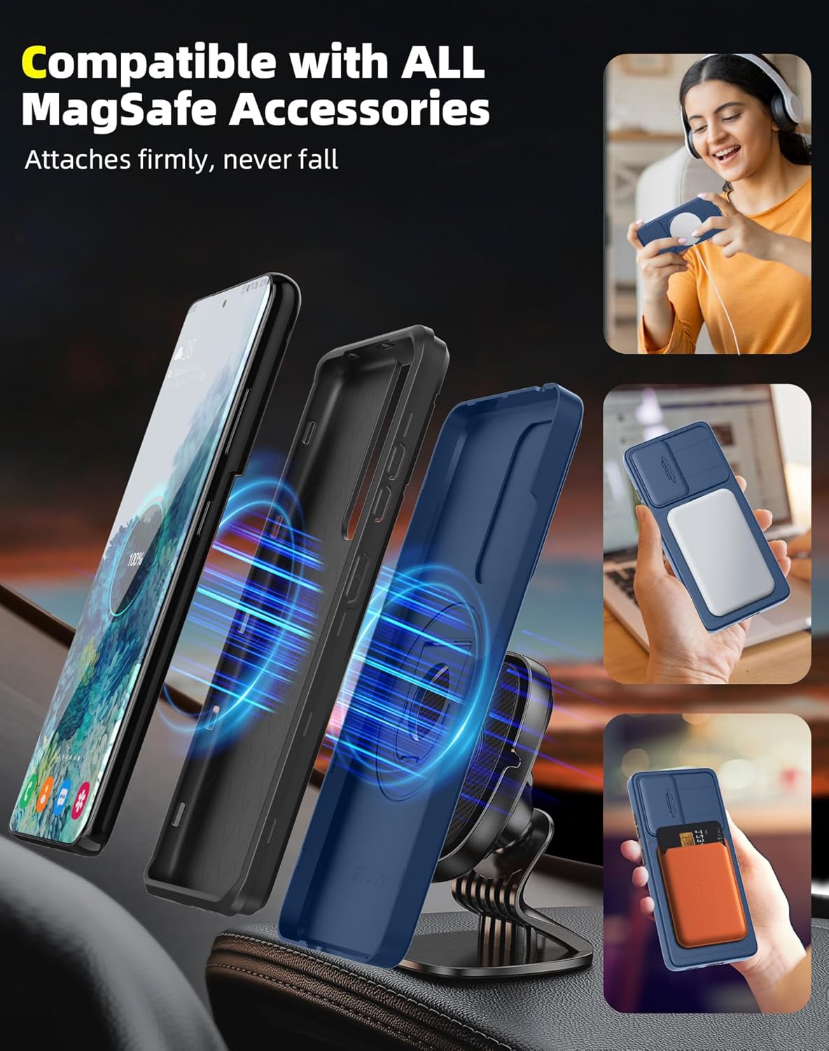 for Samsung Galaxy s20 FE Case Magnetic Compatible with MagSafe Wireless Charging,with 2 Screen Protectors,Built-in Stand Ring+Camera Cover Anti-Scratch Shockproof Heavy Duty Protection Blue