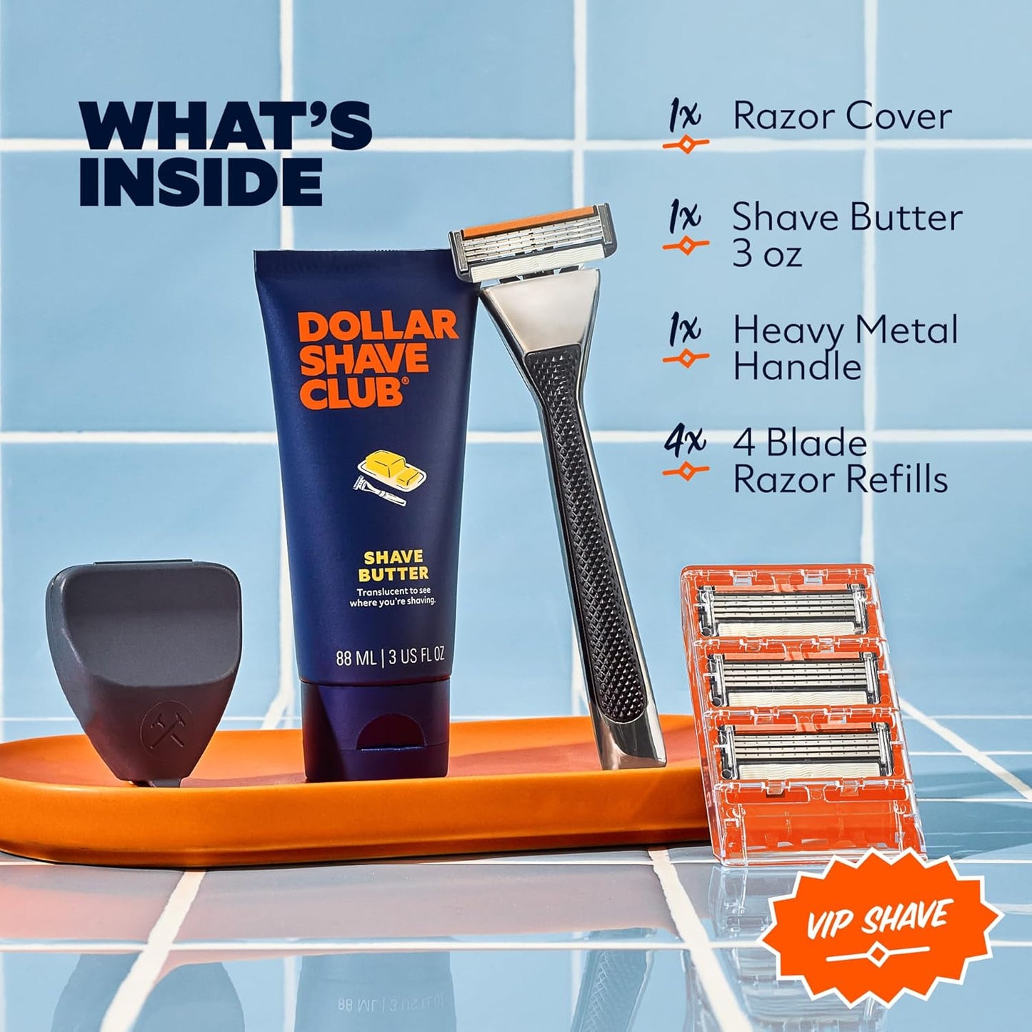 Dollar Shave Club | The VIP Shave Set | 4 Swift Rinse Refill Cartridges, 1 Heavy Metal Handle, 1 Shave Butter 3 ounce, 1 Razor Cover, Razors for Men
