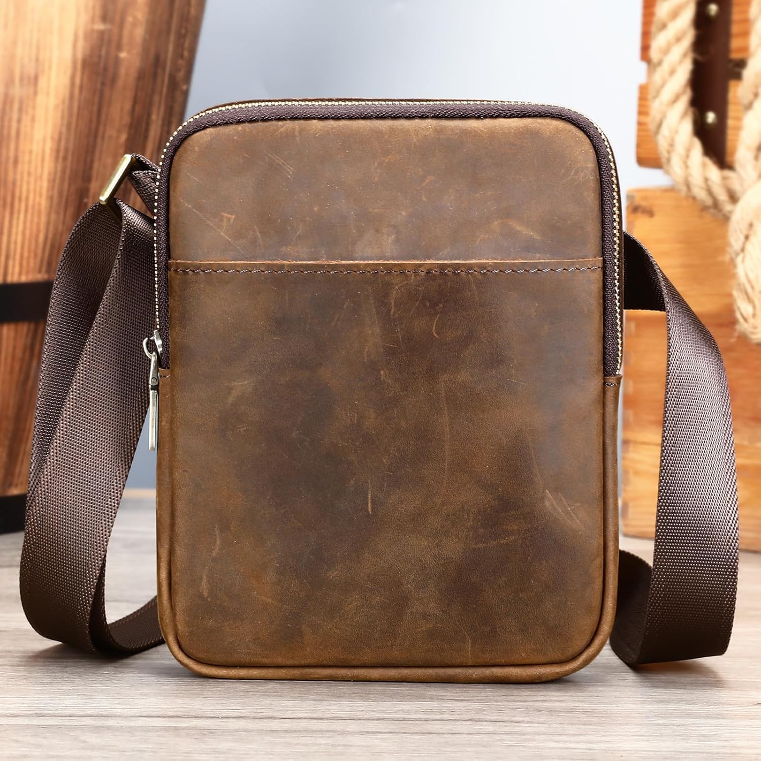 Men's Small Genuine Leather Messenger Bag Multi-Pocket Zipper Shoulder Bag Compact Mini Crossbody