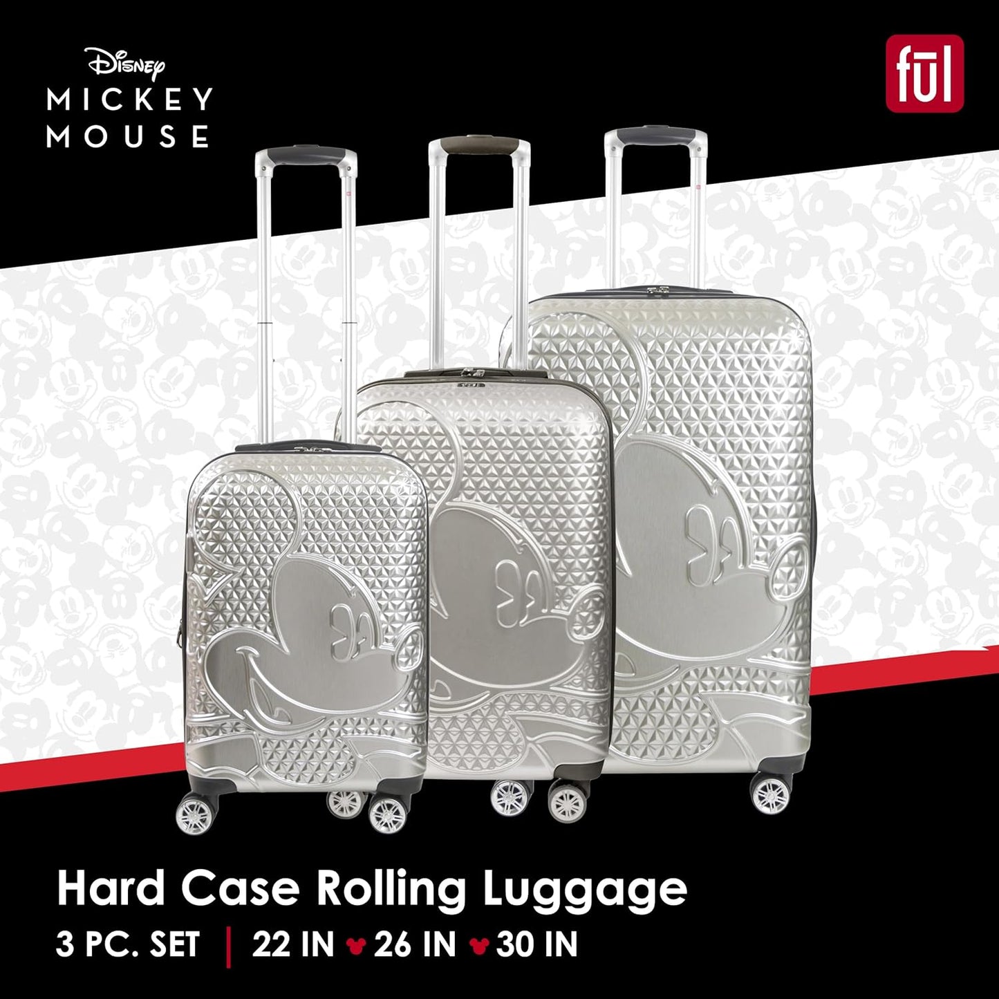 FUL Disney Mickey Mouse 3 Piece Rolling Luggage Set, Hardshell Suitcases with Spinner Wheels, 22/26/30 Inch, Silver