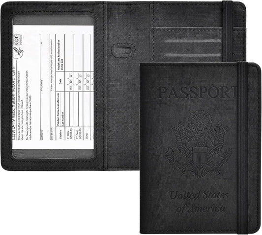 HerriaT Passport and Vaccine Card Holder Combo,Cover Case with CDC Vaccination Card Slot, Leather Travel Documents Organizer Protector, with RFID Blocking, for Women and Men