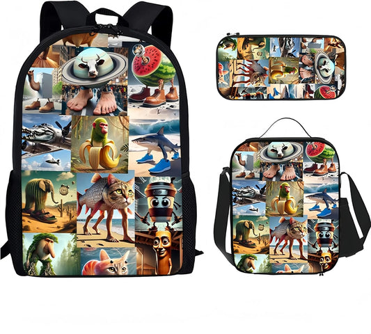  3PCS Italian Brainrot Casual Large Daypack Backpack,17in Shoulder Waterproof Lightweight Daypack Gifts (Color 6)