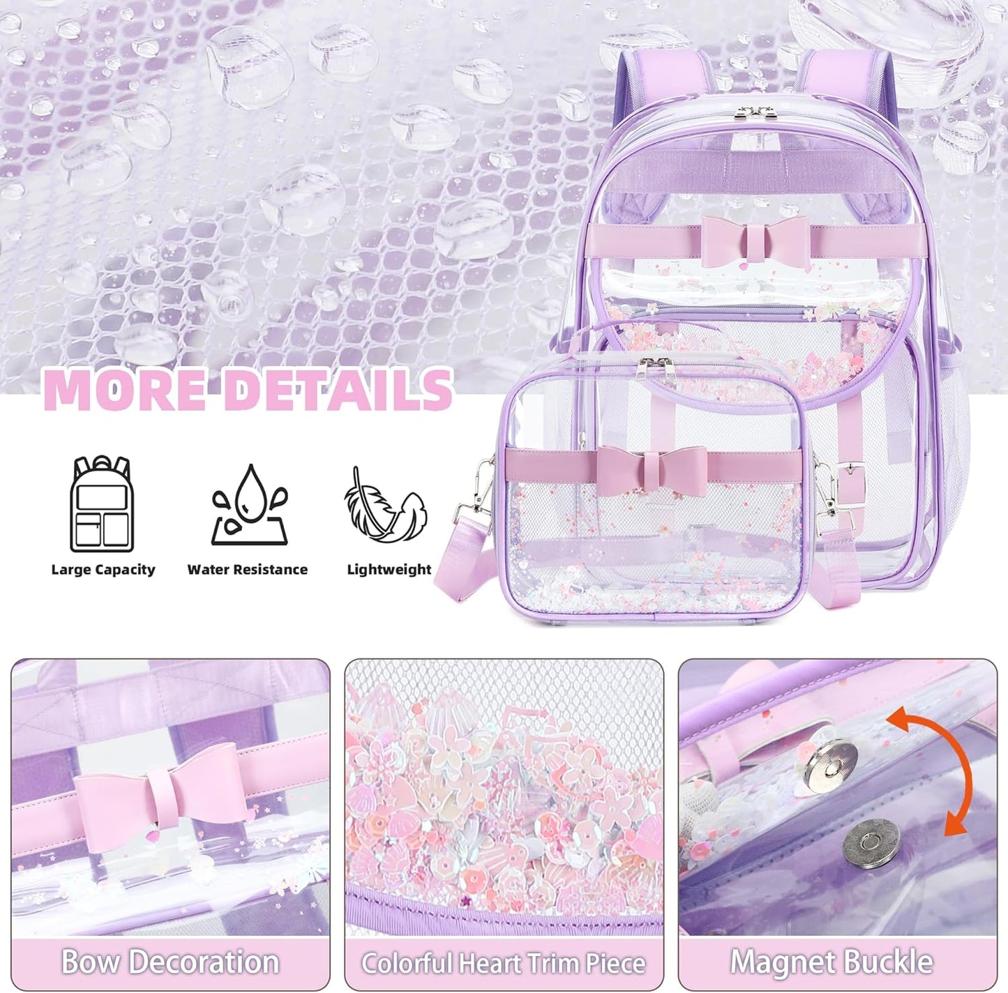 Clear Backpack for Girls and Boys 2PCS Heavy Duty Bookbag Stadium Approved Daypack Transparent School Bag See Through Backpacks for Kids Elementary,Students,College,Teens,Concert,Sports Purple set