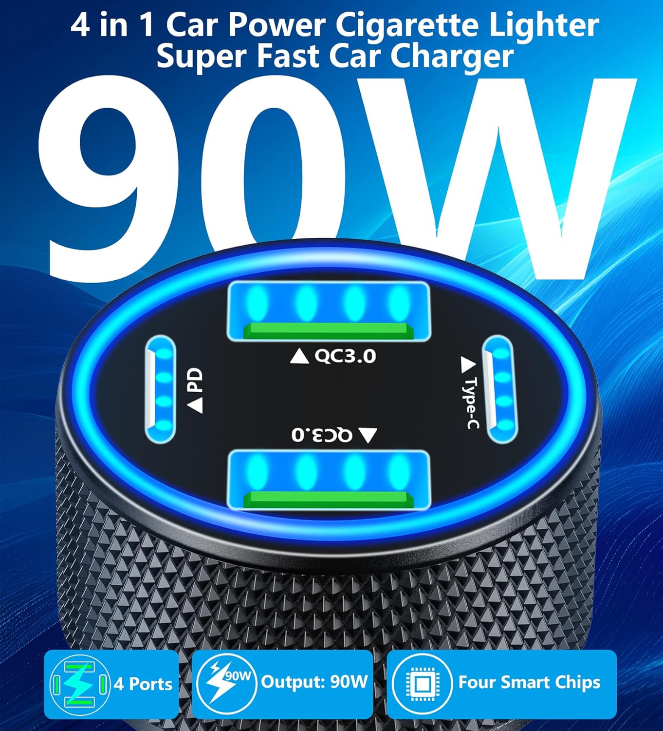 USB C Car Charger, KYOHAYA 2Pack 90W 4-Port Dual USB-C & USB-A Car Power Cigarette Lighter PD/QC3.0 Type C Car Carplay Charger Fast Charging for iPhone 17 17 Pro 16 15 14 13 12 11/Galaxy S25 S24/Pixel