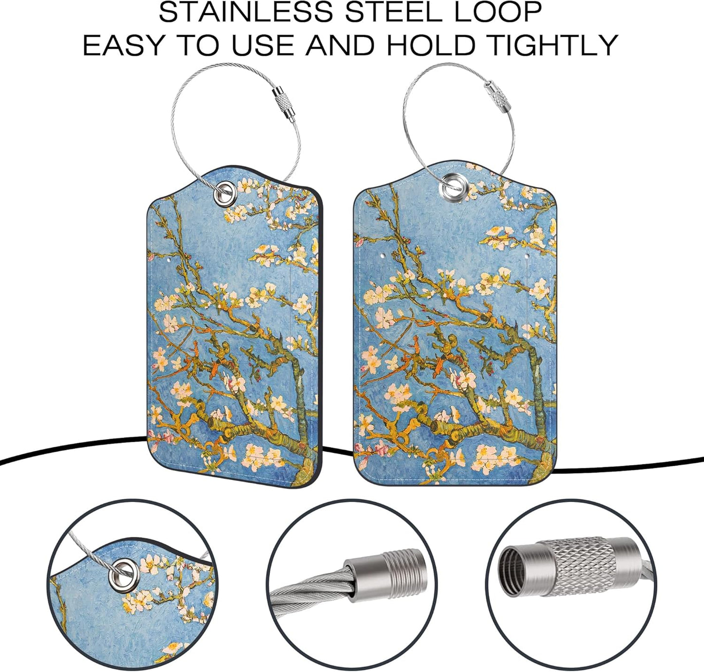 2 Pack Luggage Tags for Suitcase,Almond Blossom PU Leather Idea Baggage Tag with Name Labels Privacy Cover Metal Ring Men and Women Travel Cruise Labels