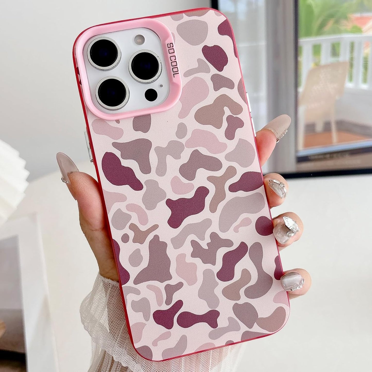 for iPhone 16 Pro Case, Vintage Camo Pattern Design for Men Boys Teens, Cool Camouflage Shockproof Protective Cover for Girls Women - Pink