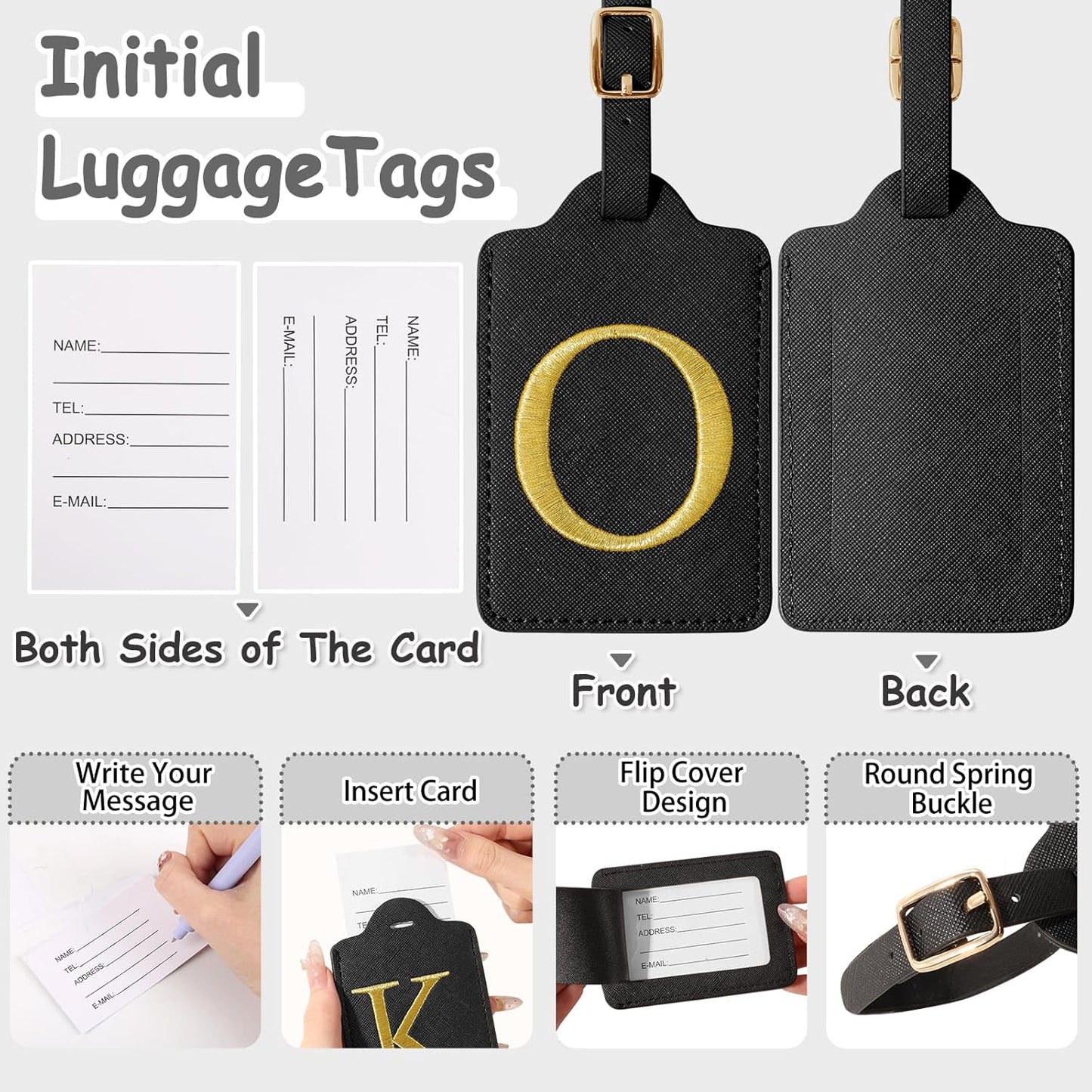 Initial Letter Luggage Tags for Suitcases, Personalized Embroidered Letter Luggage Bag Suitcase Identifier Name Tag, Cute PU Leather Travel Luggage Tags, Bag Tags for Luggage Handbags(Black O)