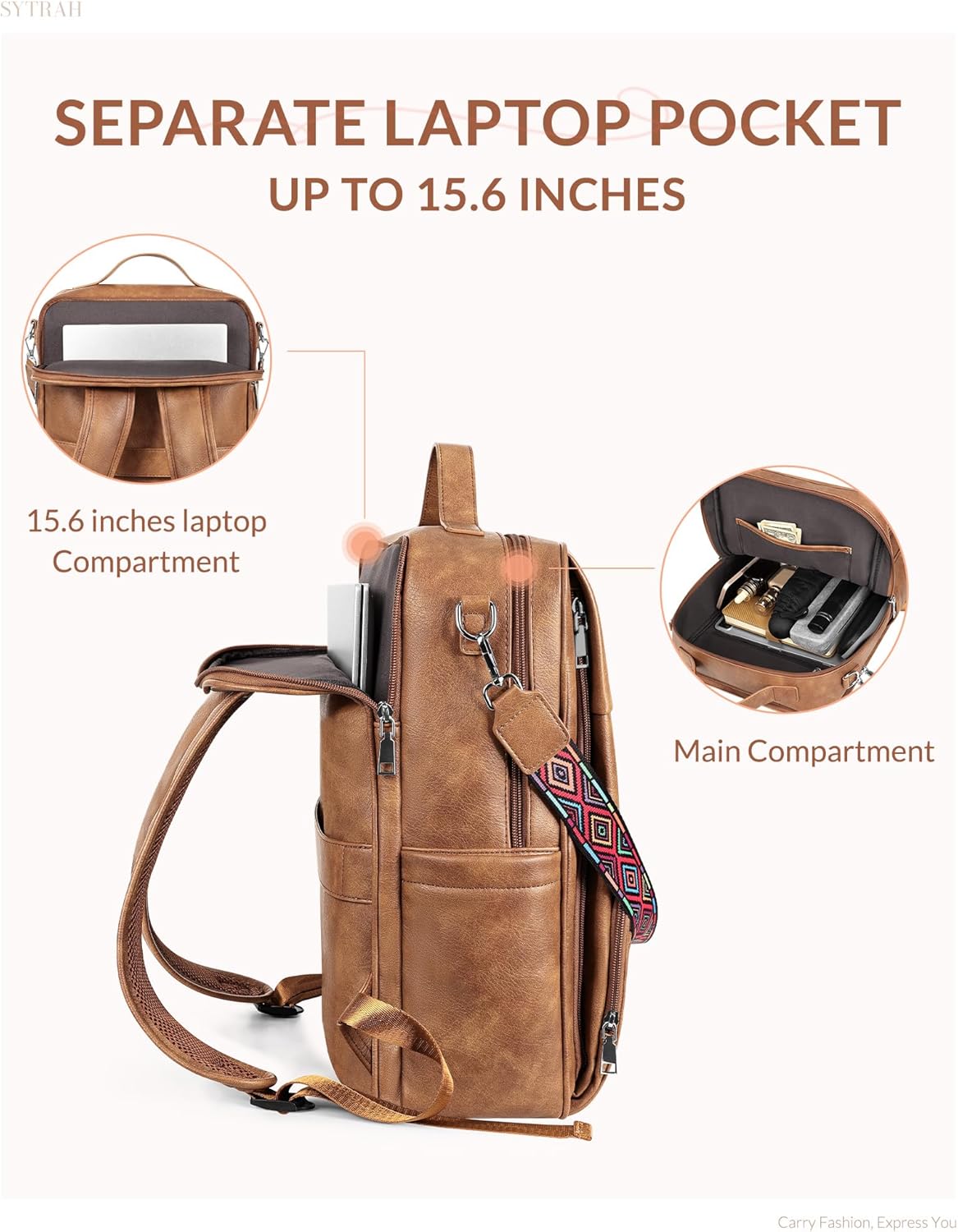 Leather Laptop Backpack for Women, 15.6 Inch Business Computer Bag, Designer College Backpack Travel Backpack with Colorful Shoulder Bag Strap Mocha Brown