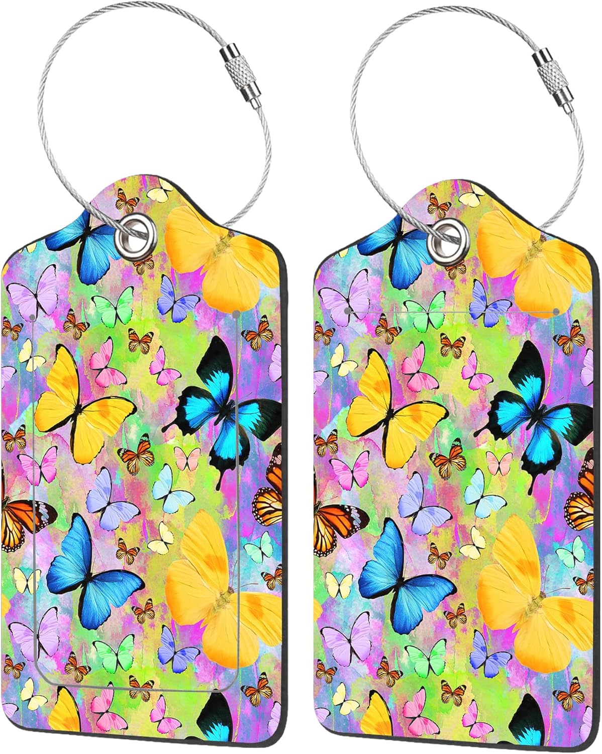2 Pack Luggage Tags for Suitcases,Colored Tropical Butterflies Luggage Tag,PU Leather Id Label Luggage Tags with Stainless Steel Loop and Privacy Cover for Women Men Teens Travel