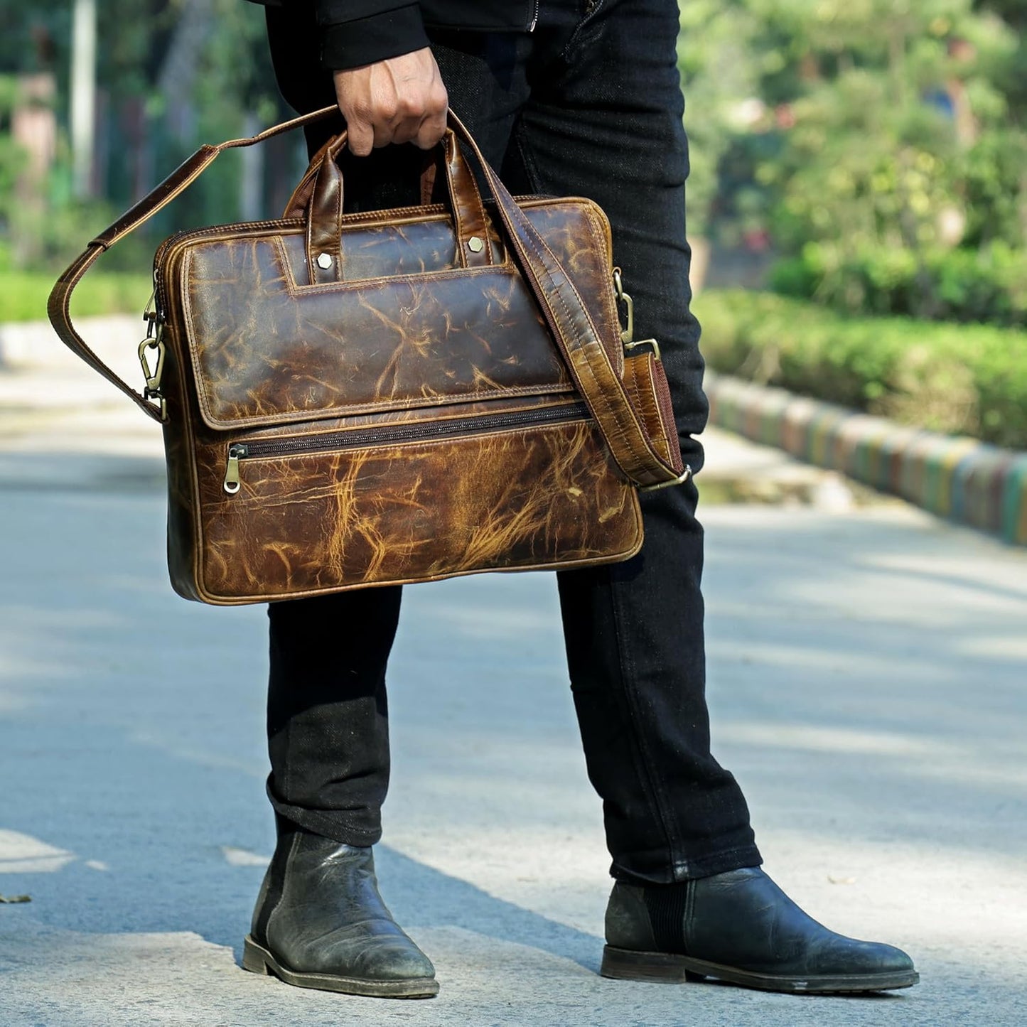 Mens Laptop Bag 16 Inch Waterproof Vintage Leather Shoulder Office Crossbody Bag With Ajustable