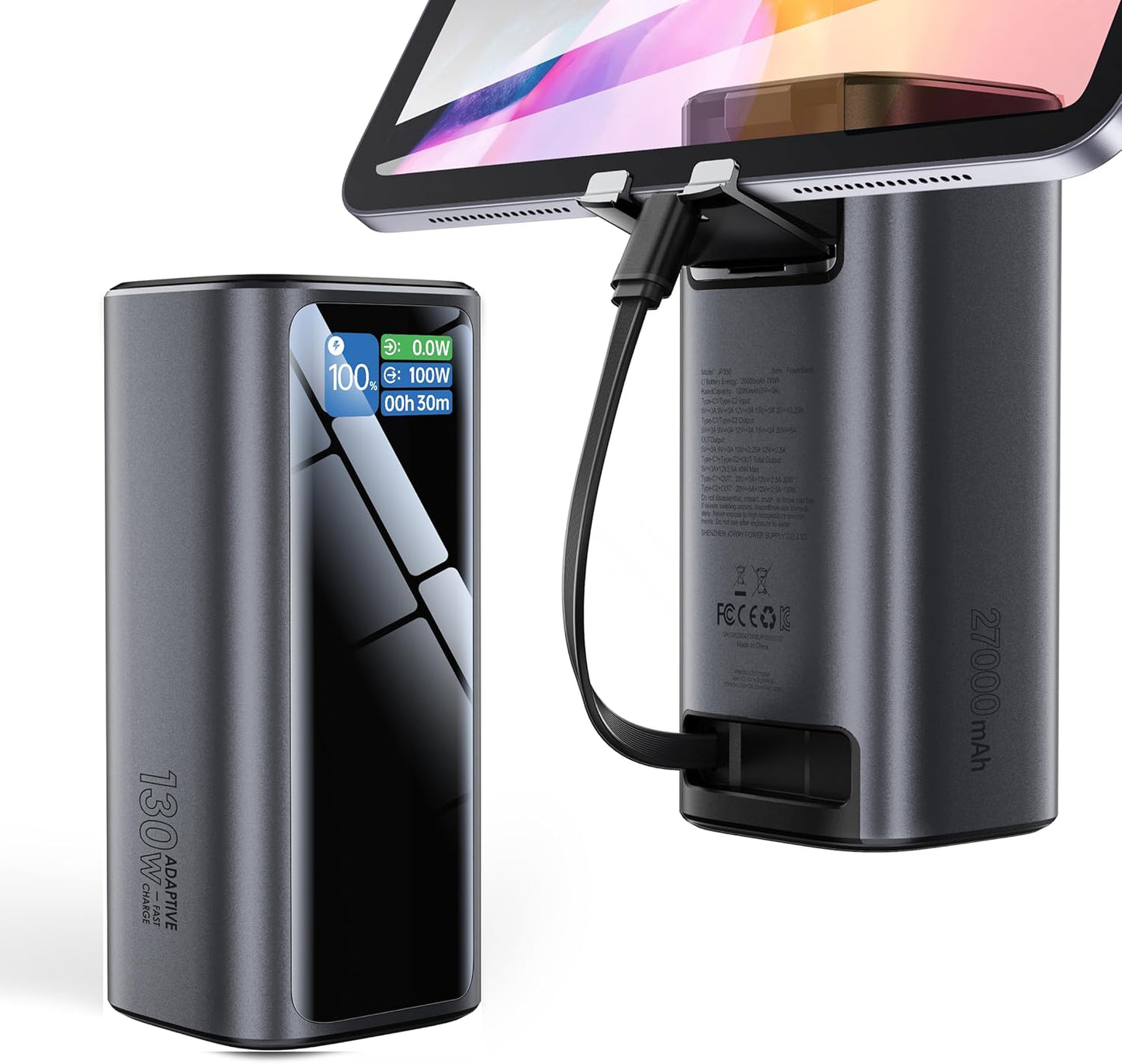 Laptop Power Bank, 130W Portable Charger with Dual Ports & Built-in Retractable Cable, 27000mAh Portable Power Bank with Smart Digital Display, for iPhone 17/16/15 Pro/Pro Max Series, MacBook, Android