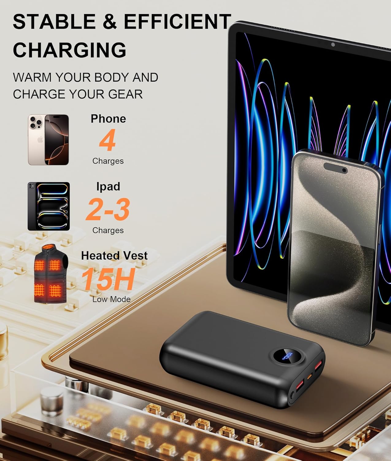 𝟓𝐕 𝟐𝟎𝟎𝟎𝟎𝐦𝐀𝐡 Heated Vest Battery Pack Compatible with Soleilwear USB Apparel, Portable Power Bank for Heated Vests Hoodies, Phones, Camping Chair with Digital Screen (NOT for DC 7.4V/12V)