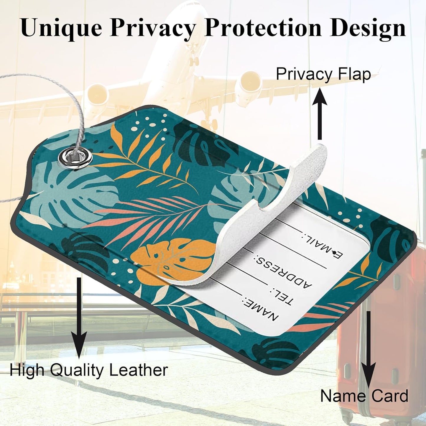 Boho Foliage Botanical Tropical Palm Leaves and Floral 2 Pack PU Leather Luggage Tags with Stainless Steel Loop, Travel Labels with Privacy Cover ID Label for Quick Spotting