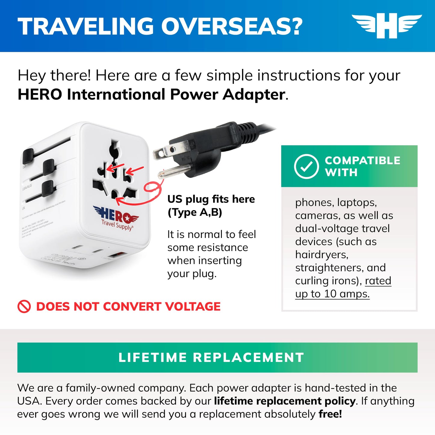 Hero International Travel Power Adapter – Universal Plug for Europe, UK, US, Asia, AUS, 100+