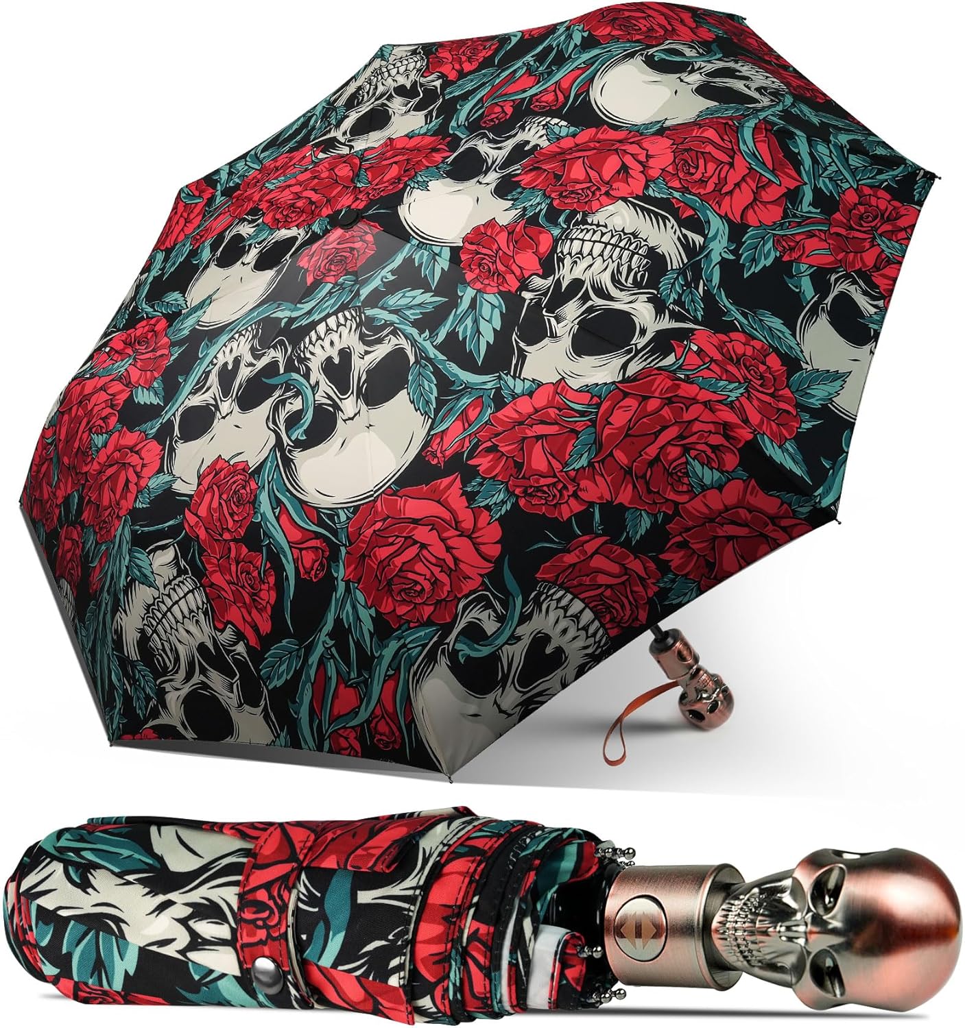 Lejorain Mens Black Skull Umbrella - Automatic Luxury Travel Windproof Umbrella Compact - Portable Strong Lightweight Rain Umbrella for Adults