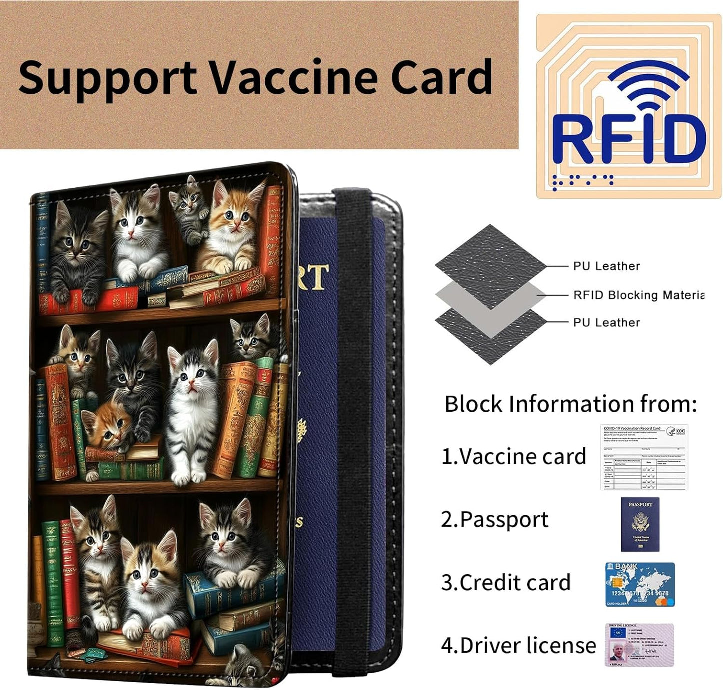 Passport and Vaccine Card Holder Cover Combo,Travel Passport Holder Wallet with RFID Blocking, Leather Vaccine Card Slot Passport Cover Case for Women & Men,Vintage Bookshelf and Cats