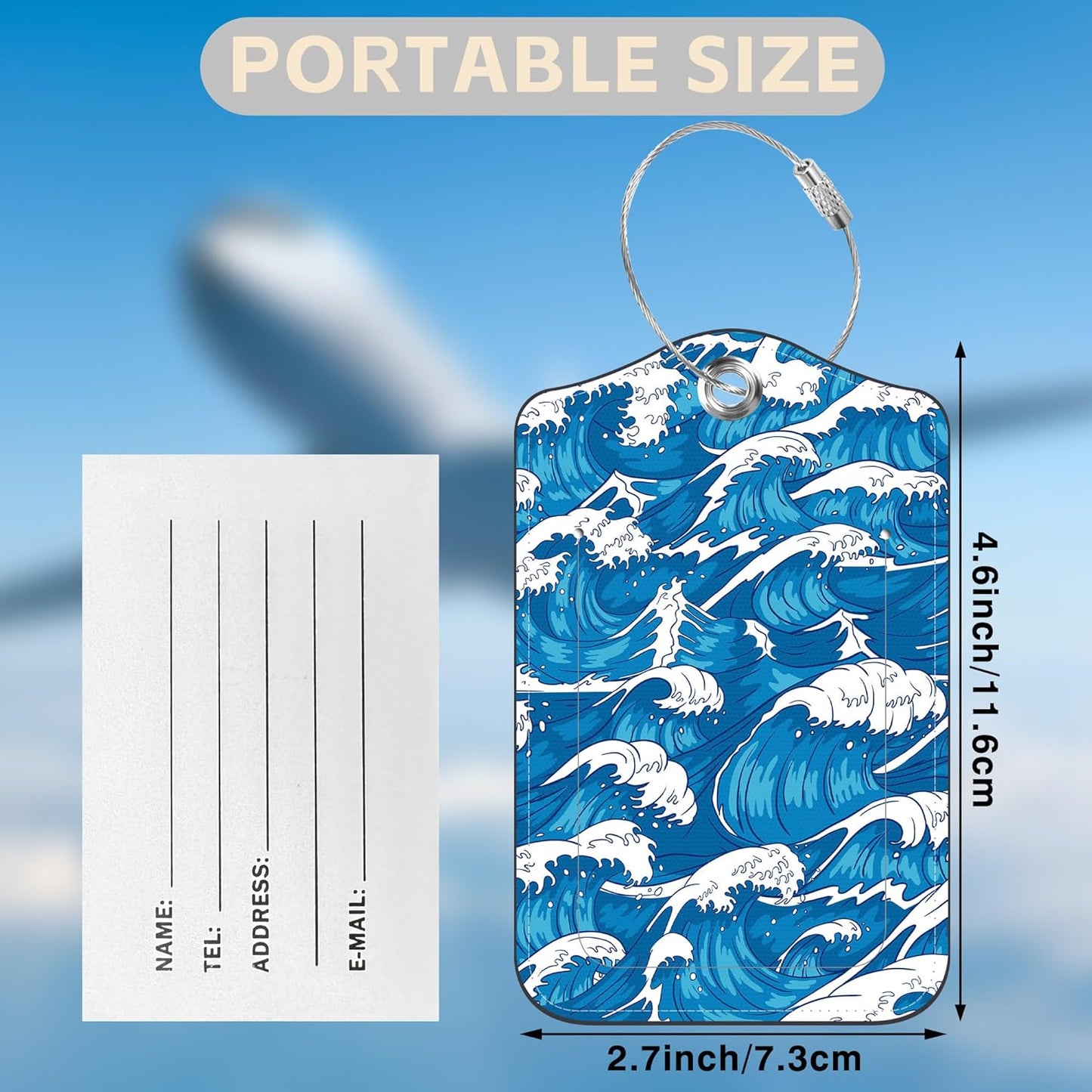 2 Pack Luggage Tags for Suitcases Japanese Sea Wave Leather Luggage Tags Privacy Cover ID Label with Stainless Steel Loop and Address Card for Women Men Travel Bag Backpack