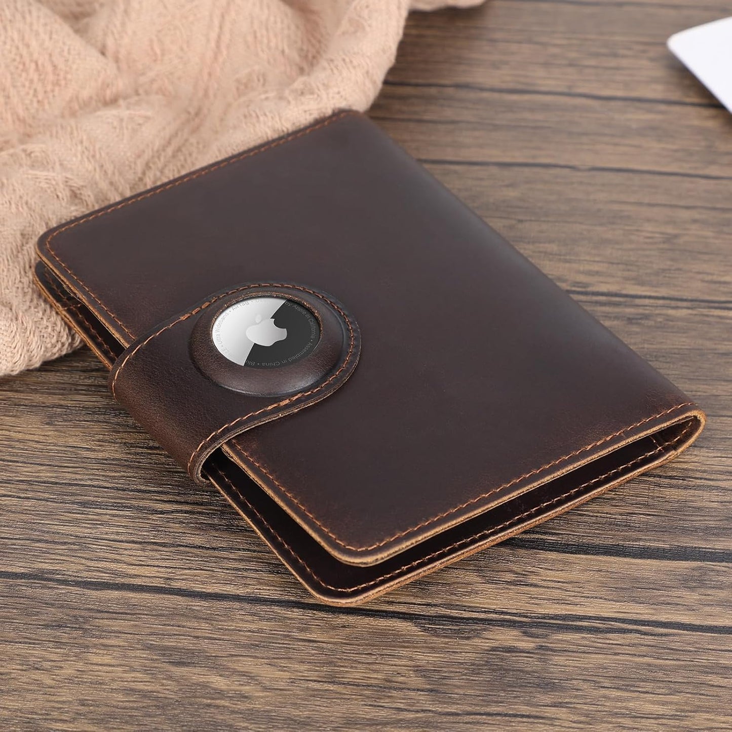 Polare Full Grain Leather Slim and Soft RFID Blocking Wallet for Men Snap Bifold Travel Wallet Passport Holders 2 Passports (Dark Brown with AirTag Slot)