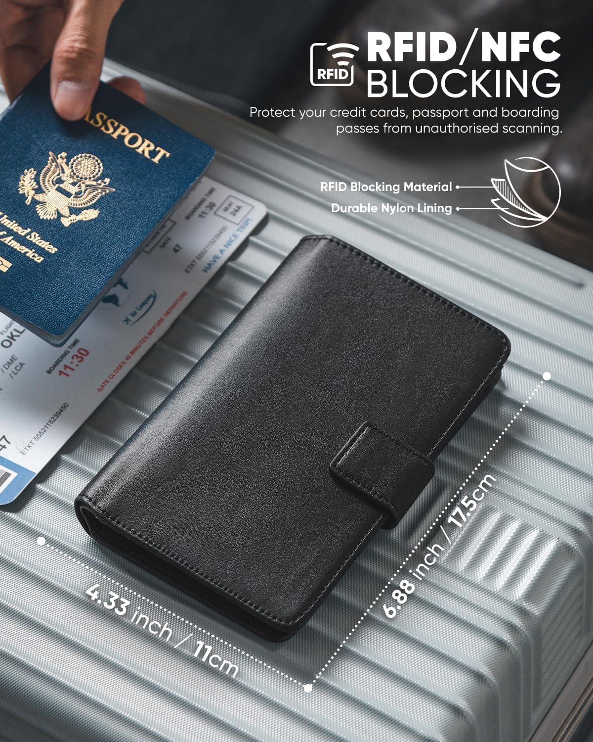 Real Leather Wallet Airtag Compatible RFID Bifold Travel Card Holder Black (Iron Black)