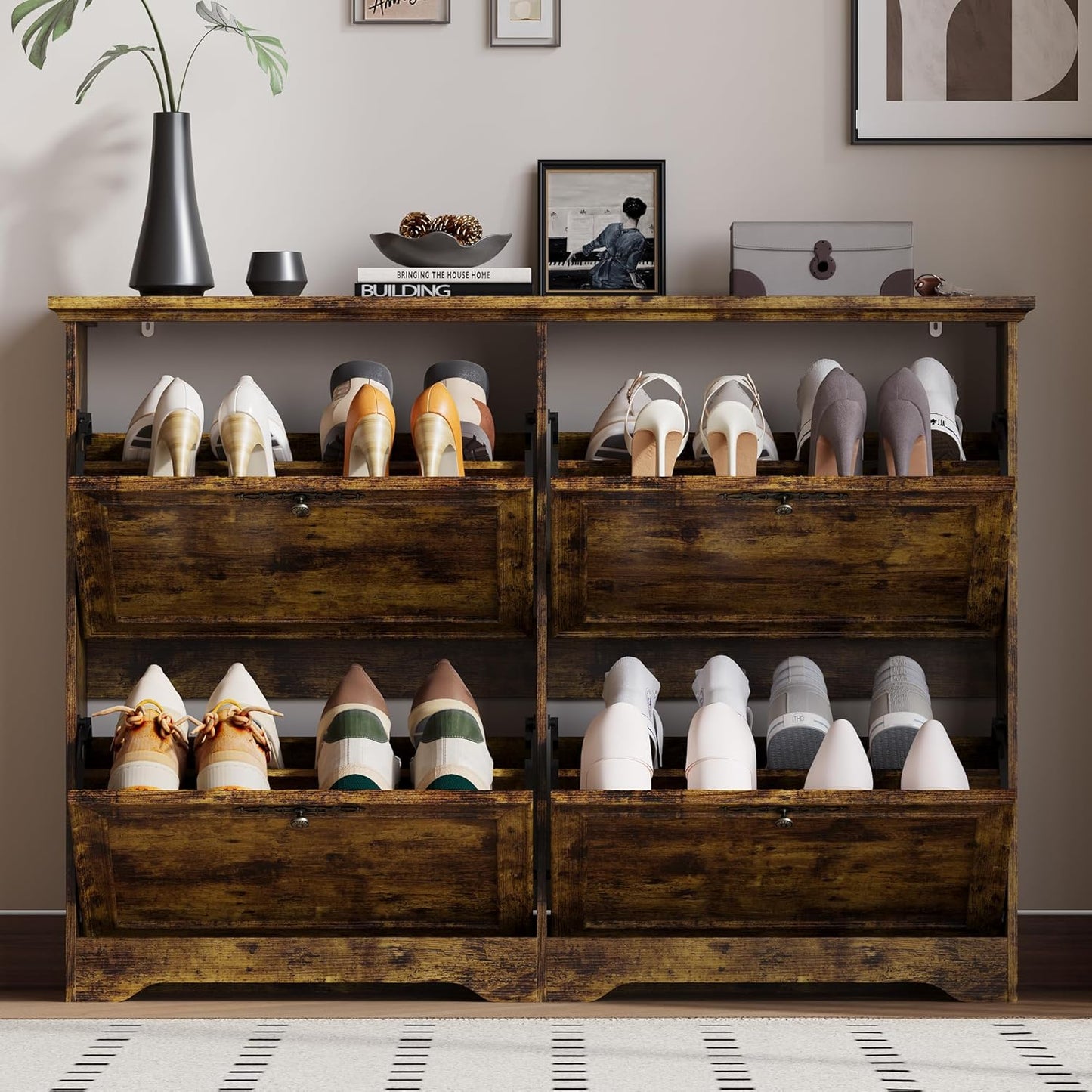 Large Shoe Cabinet for Entryway, 4 Flip Drawer Organizer with Adjustable Shelves, Wooden Slim Shoe Storage Cabinet and Rack for Closet, Hallway, Foyer