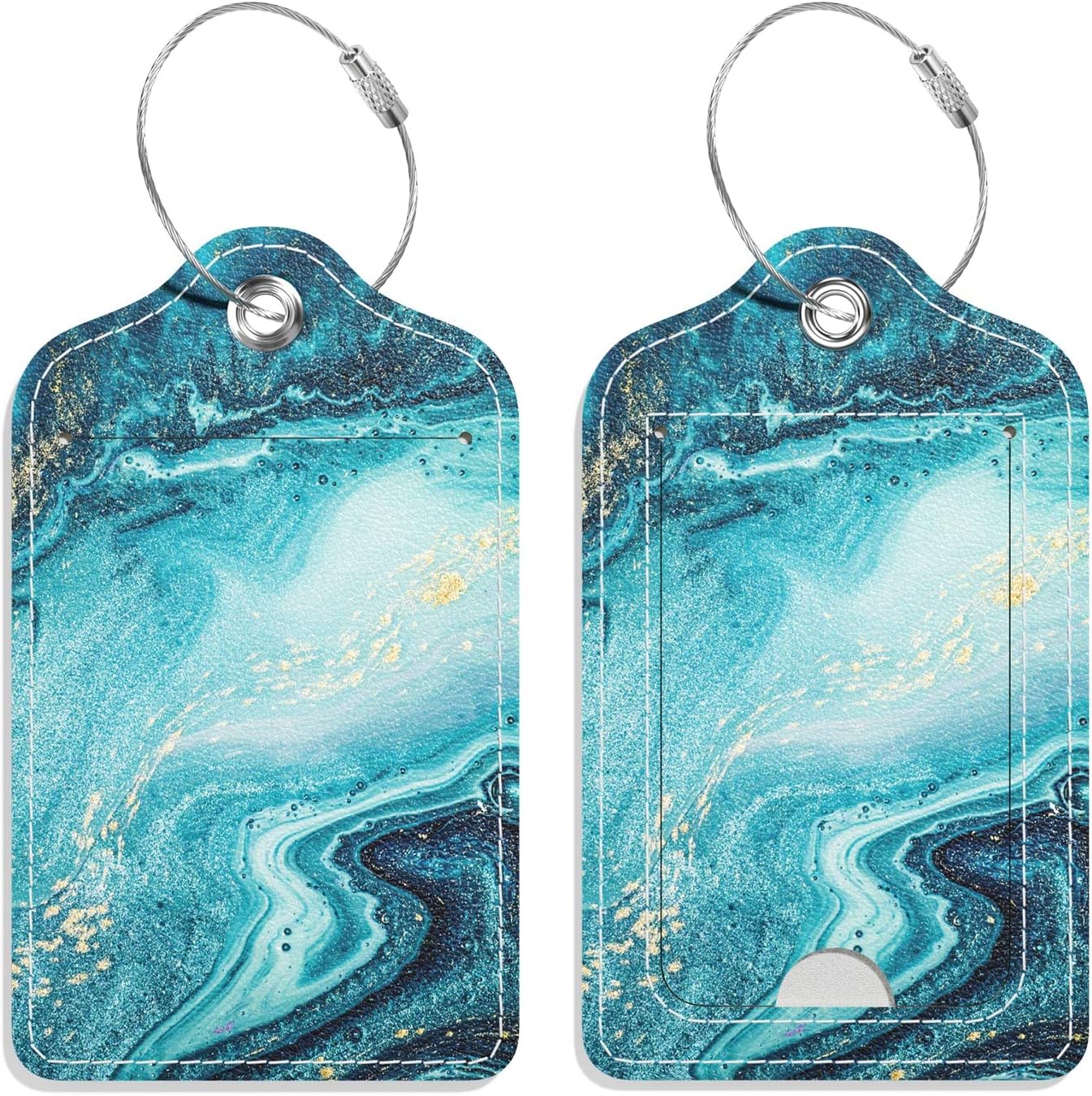 Luggage Tags for Suitcase, 2 Pack PU Leather Travel Cruise Luggage Tag with Privacy Flap, Name ID Label and Metal Loop for Women Men Girls Suitcase Baggage Bag Backpack Instrument, Teal Marble