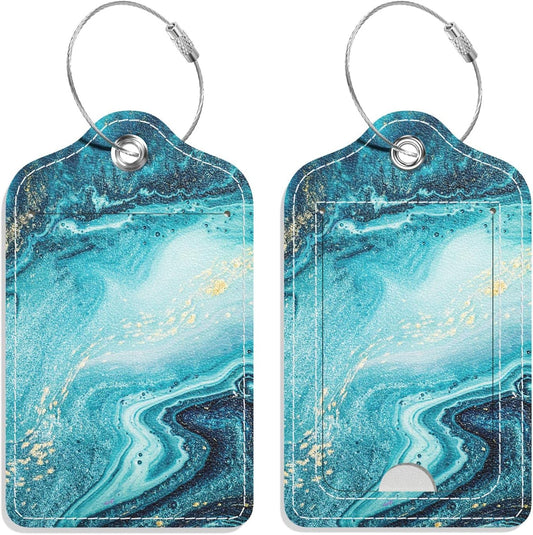 Luggage Tags for Suitcase, 2 Pack PU Leather Travel Cruise Luggage Tag with Privacy Flap, Name ID Label and Metal Loop for Women Men Girls Suitcase Baggage Bag Backpack Instrument, Teal Marble