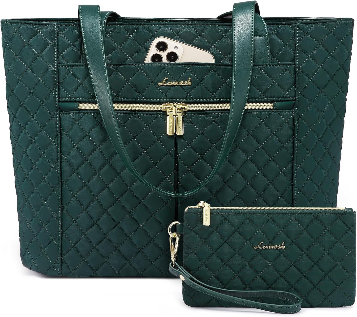 LOVEVOOK Laptop Bag for Women 17 inch,Diamond Quilted Work Tote Bags Womens Laptop Tote Bag Computer Shoulder Bags,Stylish Travel Tote Bags Laptop Purse Briefcase Handbag with Clutch Purse,Off-white