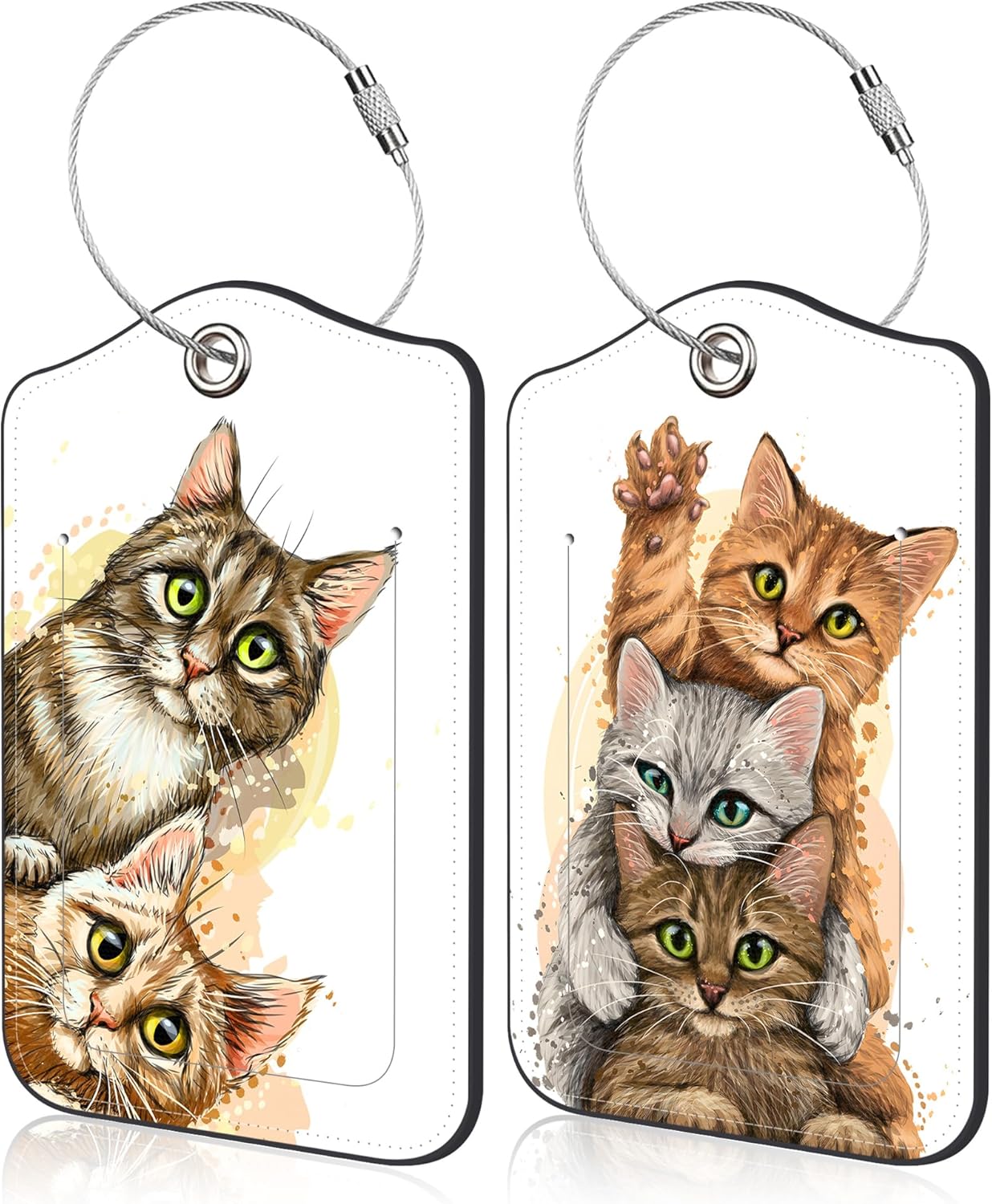 Cute Cats Luggage Tags Set of 2 Watercolor Style Kittens PU Leather Travel Baggage Tags with Privacy Cover and Stainless Steel Loop for Teens Adults Travel Bag Suitcase