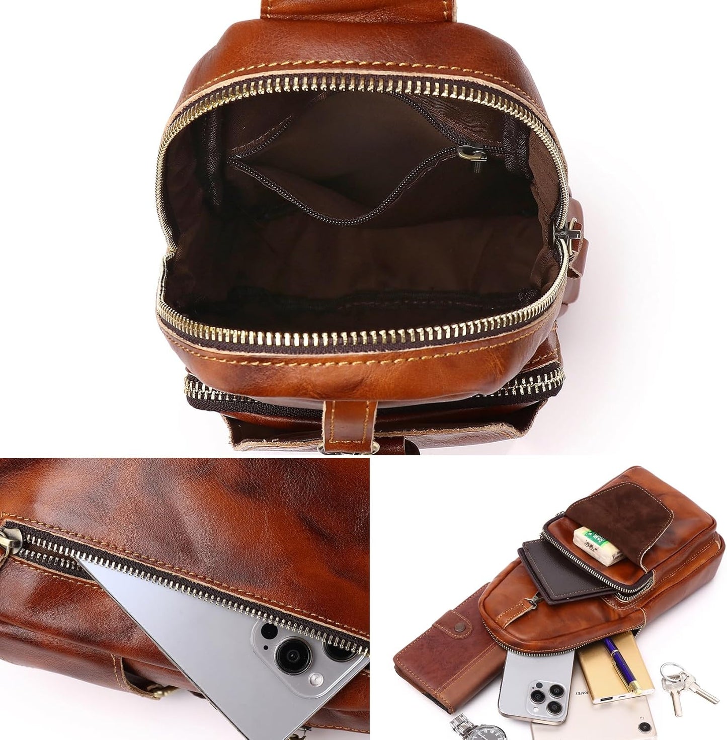 Genuine Leather Sling Bag for Men Women Backpack Chest Shoulder Satchel Crossbody Bags Casual Outdoor Daypack