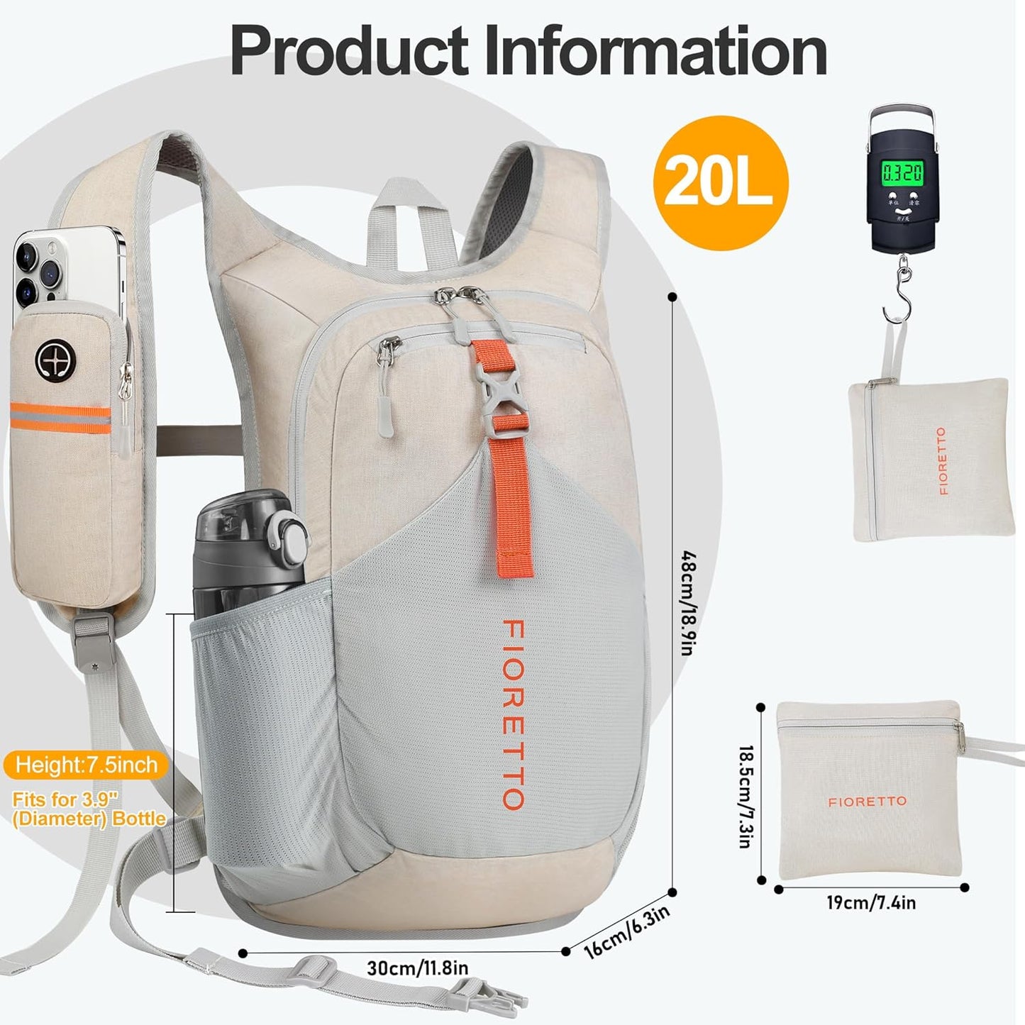 FIORETTO 20L Hiking Backpack for Women Men Mini Packable Backpack Lightweight Small Daypack for Camping Travel Outdoor, Beige