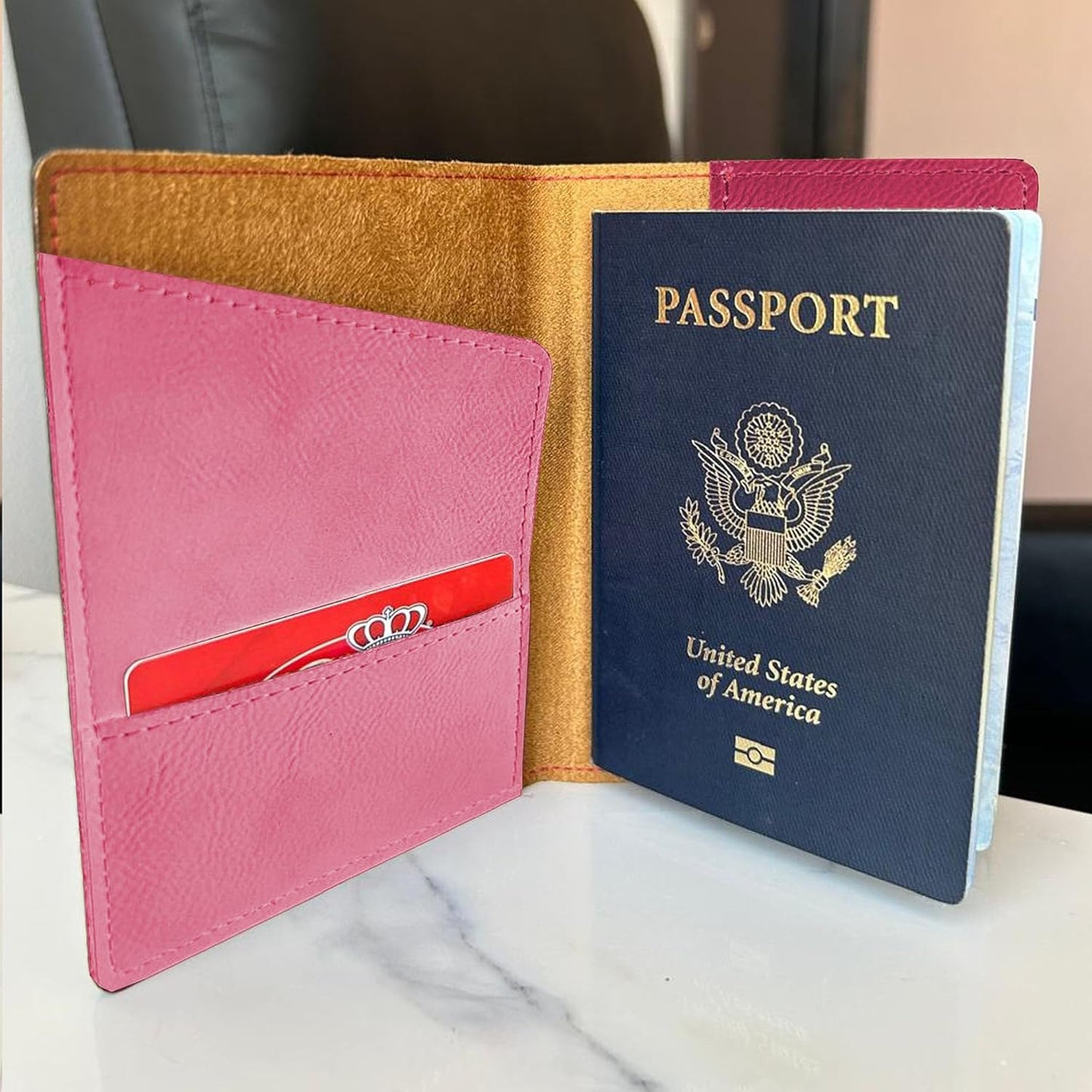 LaserGram Faux Leather Passport Holder, Coat of Arms Dominican Republic, Personalized Engraving Included (Pink)