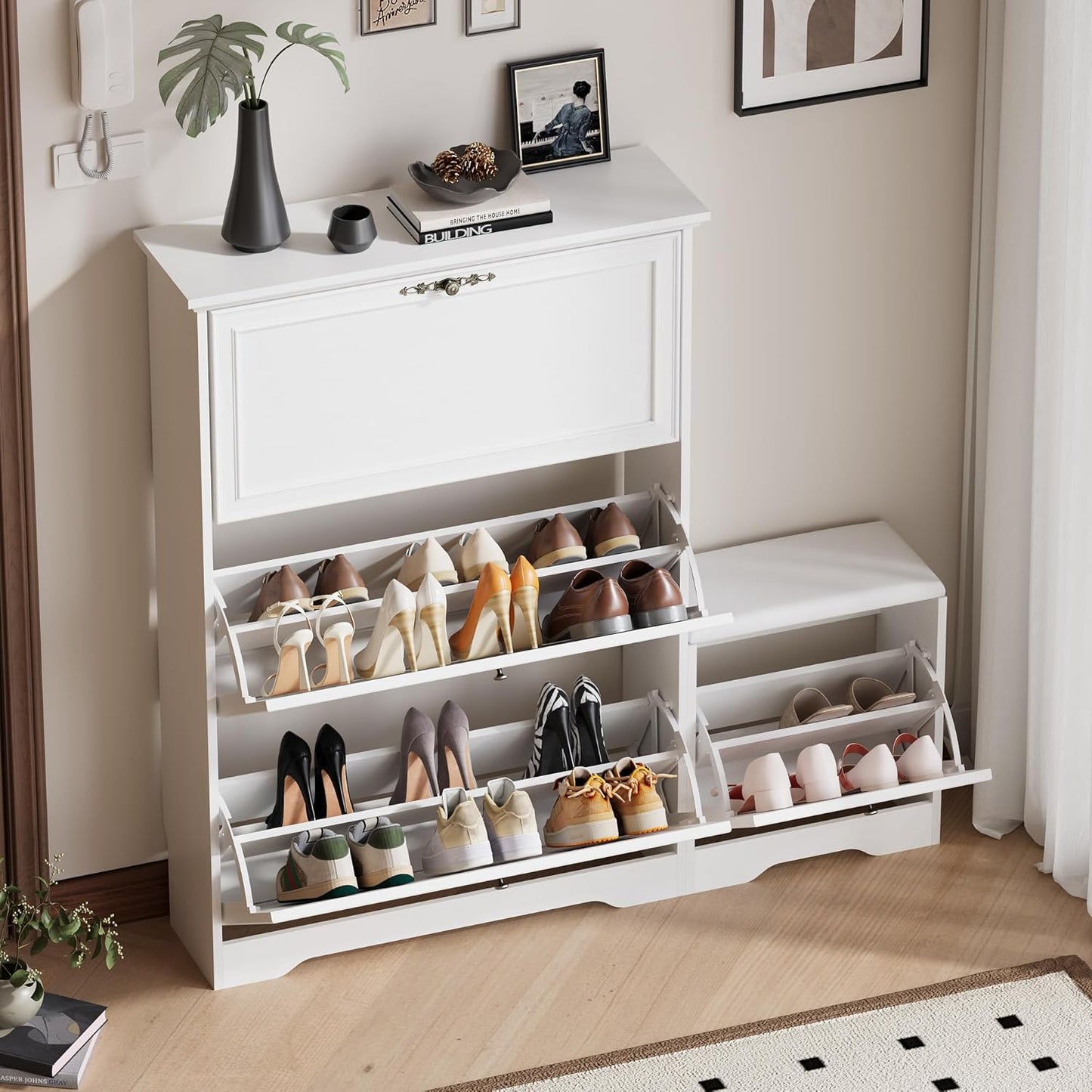 Entryway Shoe Cabinet with Bench, Hidden Storage and Adjustable Shelves, Wooden Shoe Rack and Organizer for Hallway, Mudroom, Closet, Small Apartment
