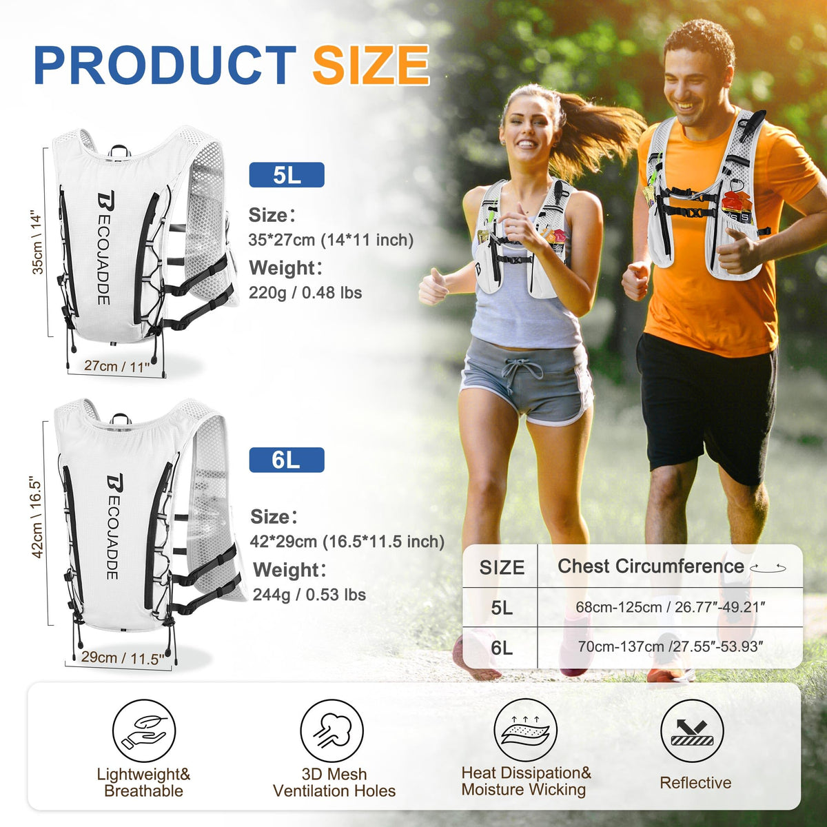 BECOJADDE Running Vest Hydration Backpack with Two 500ML Soft Water Bottles for Men Women, 5L