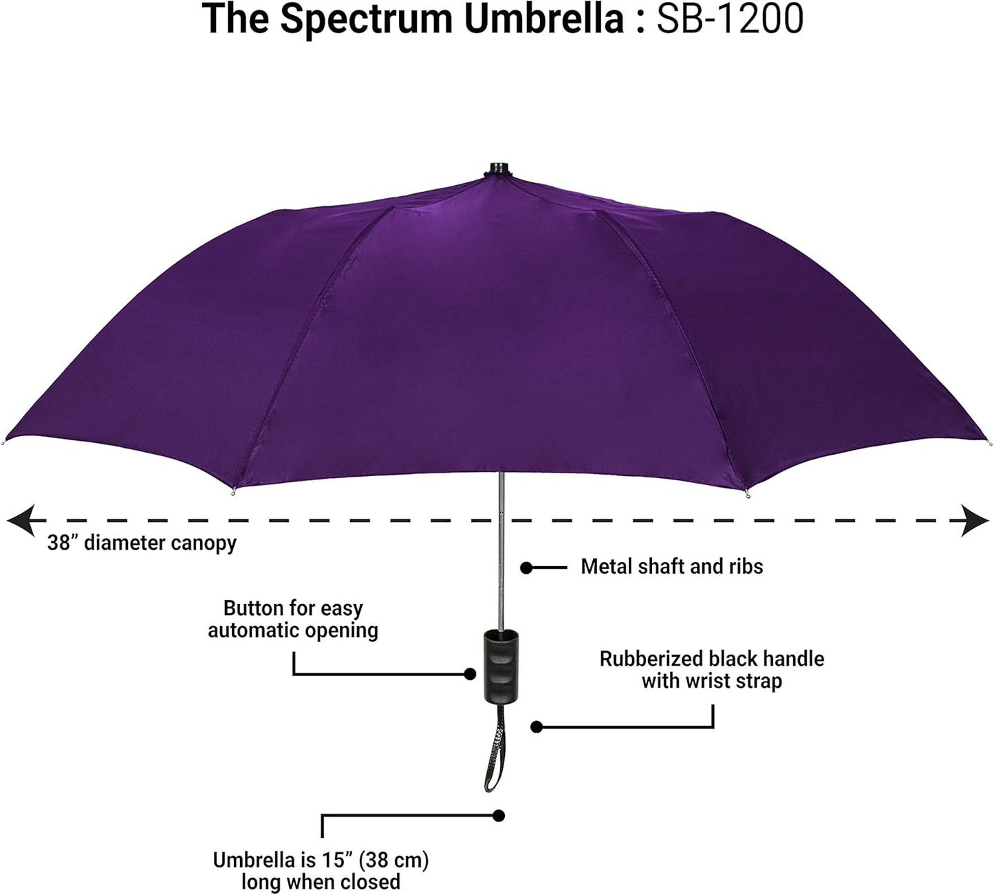 The Spectrum Popular Style 42" Automatic Open Compact Travel Umbrella for Rain, Wind & Sun, Sturdy Lightweight Small Portable Stick Umbrella for Men and Women